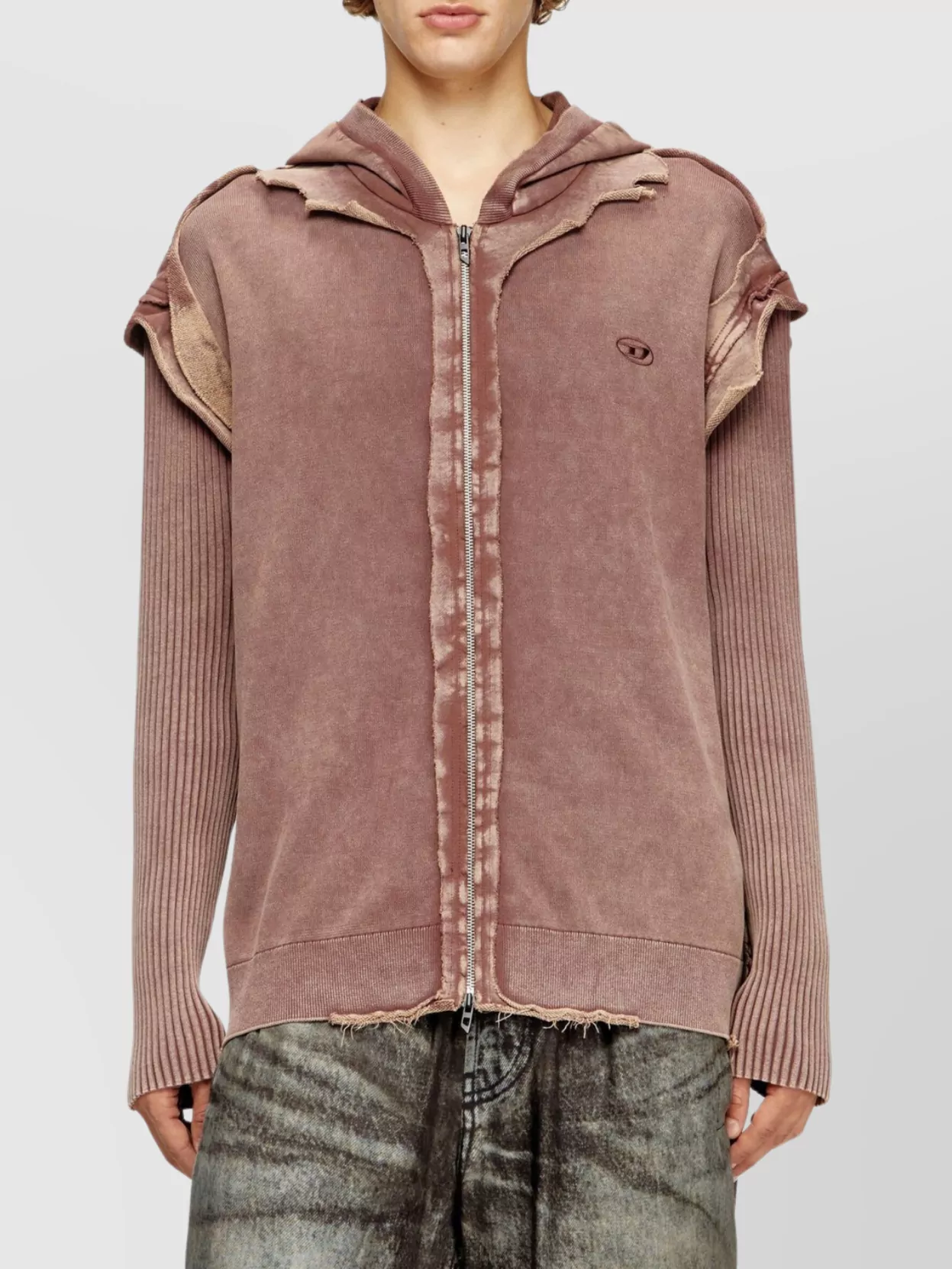 Diesel Hooded Crewneck With Ribbed Sleeves And Distressed Finish