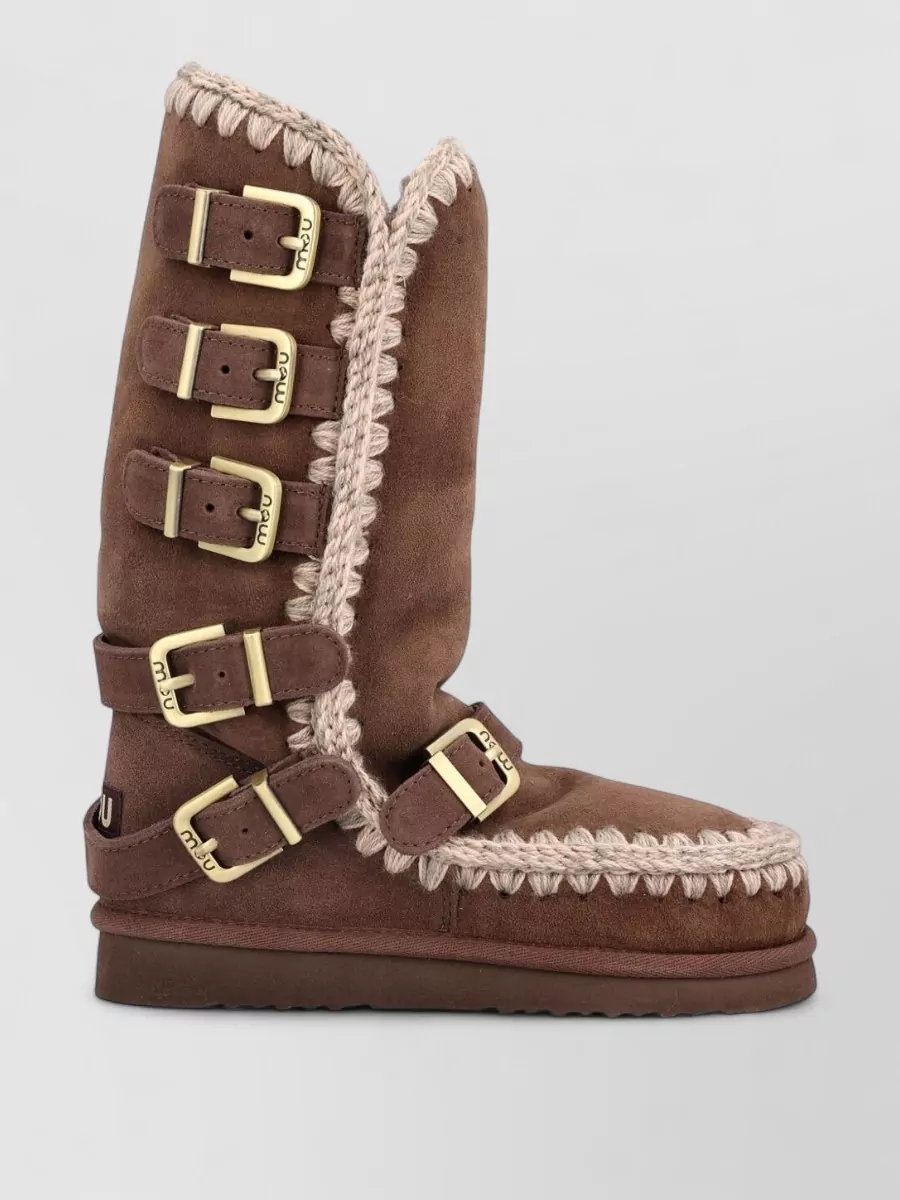 Mou Sheepskin Suede Buckle-Strap Boots