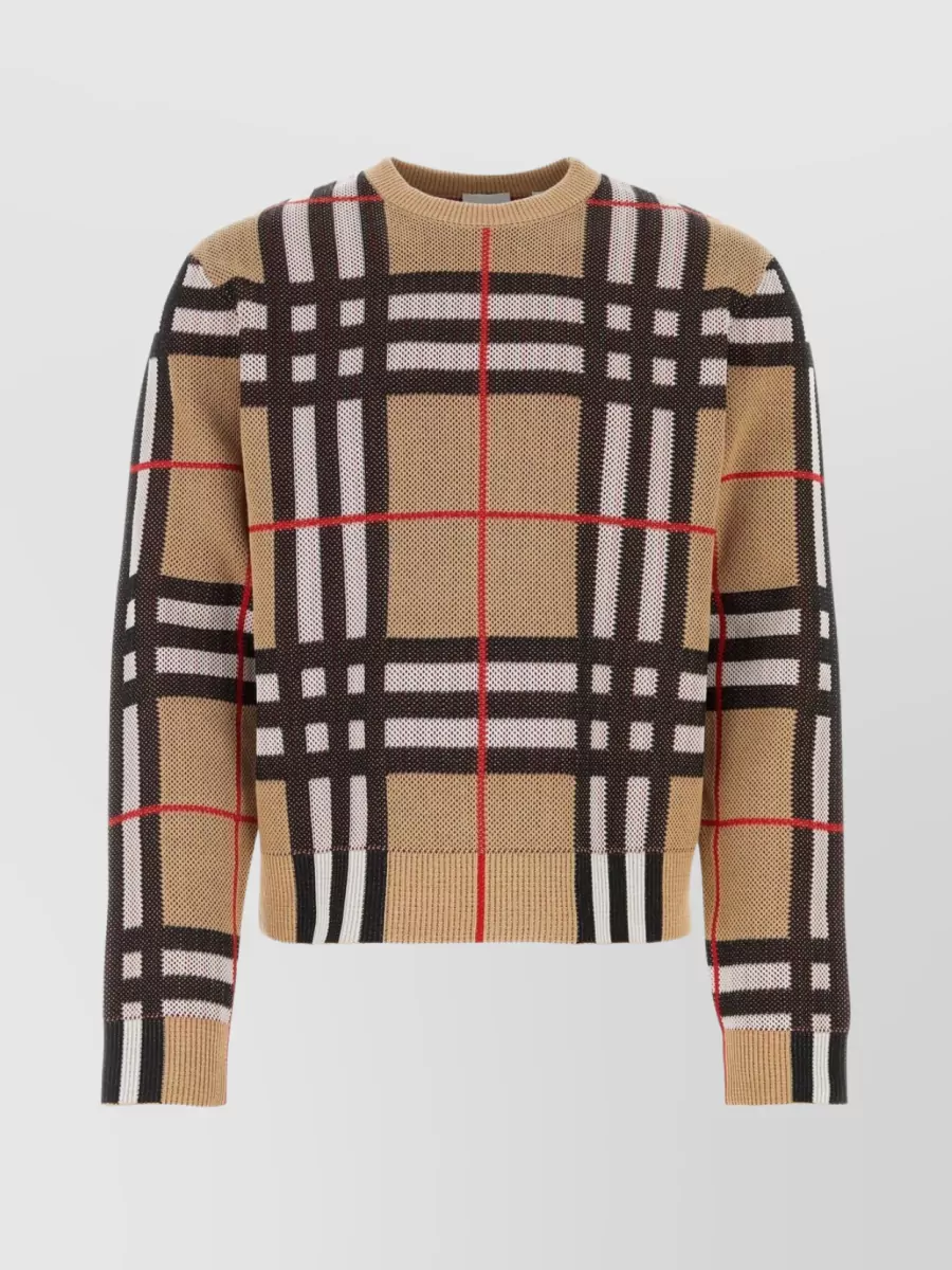 Shop Burberry Ribbed Crew-neck Piquet Sweater With Embroidered Accents In Brown