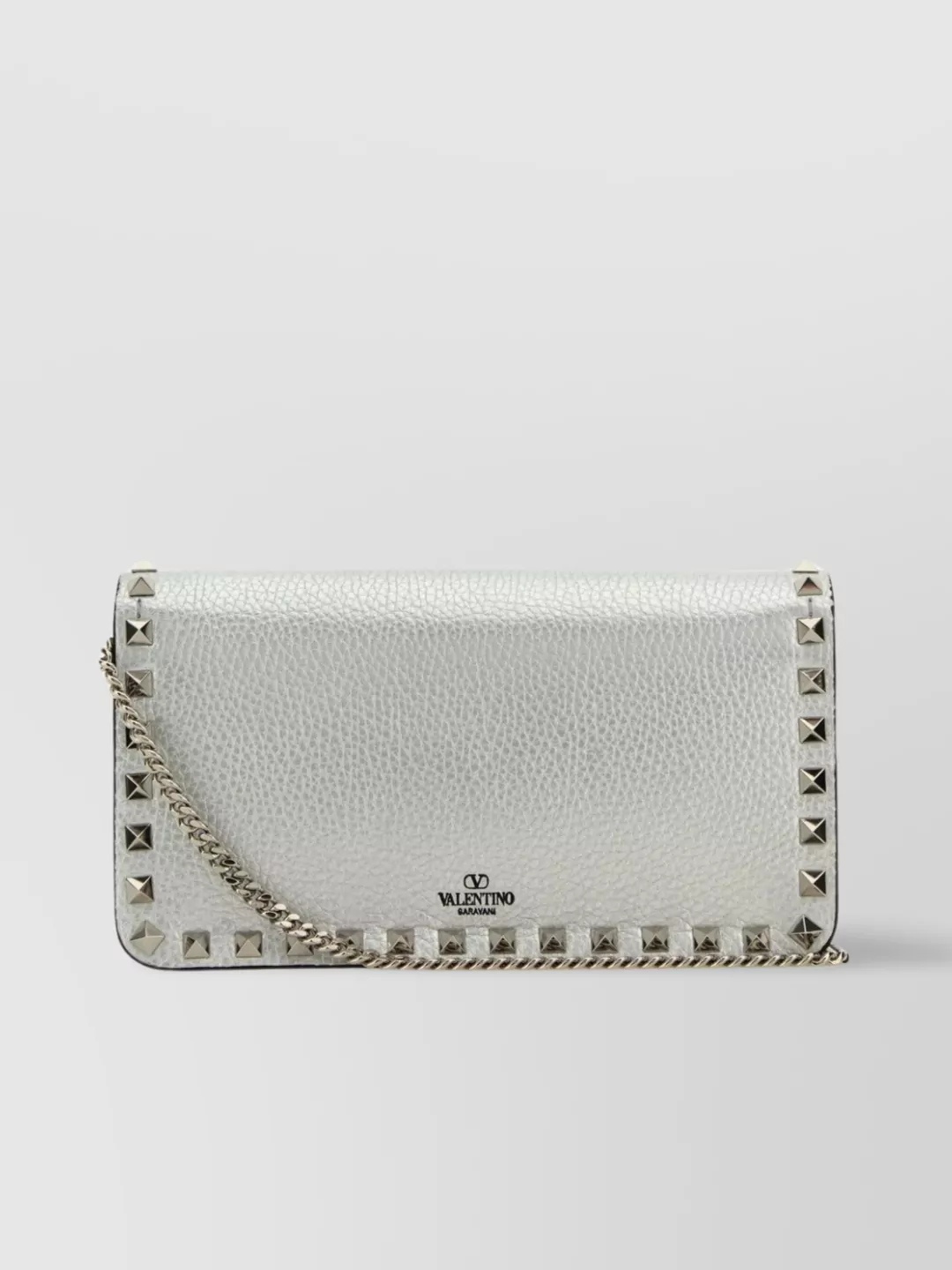 Valentino Garavani Fold-over Top Leather Clutch With Metal Studs In Grey