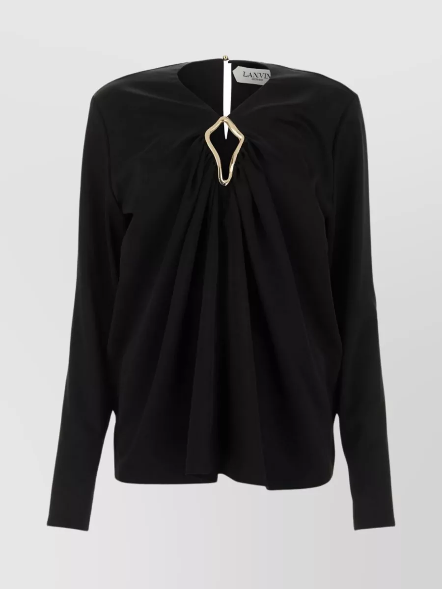 Shop Lanvin V-neck Draped Blouse With Jewel Buttoned Cuffs In Black