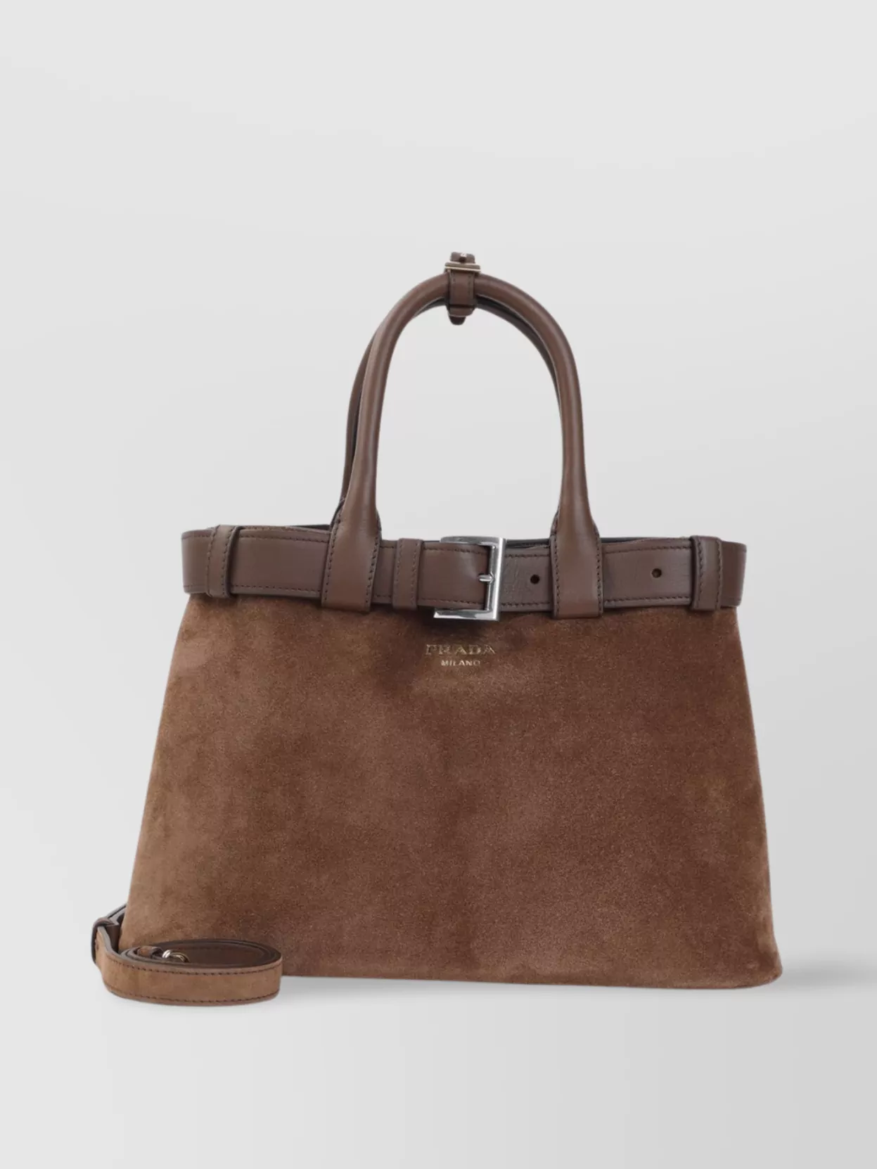 Prada Buckle Strap Tote Bag With Suede Finish In Brown