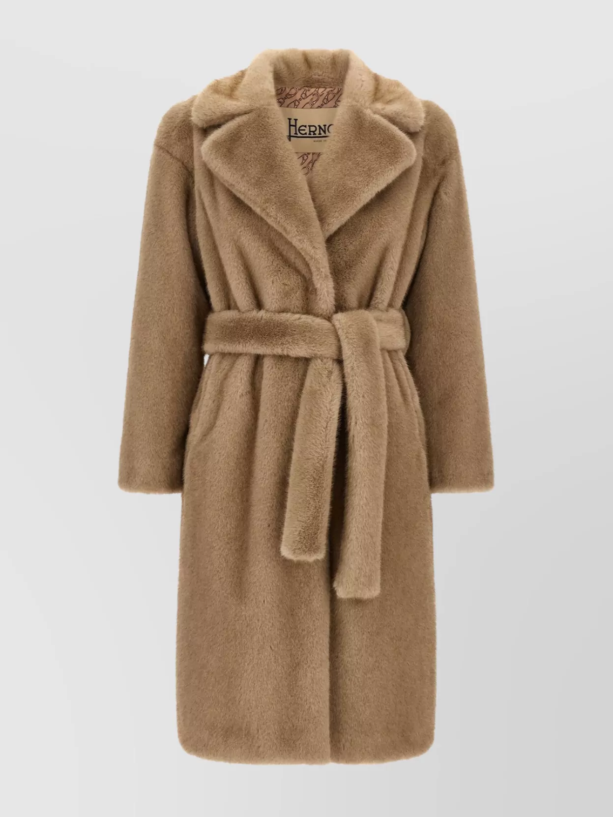 Herno Long Faux Fur Coat With Belted Waist In Brown