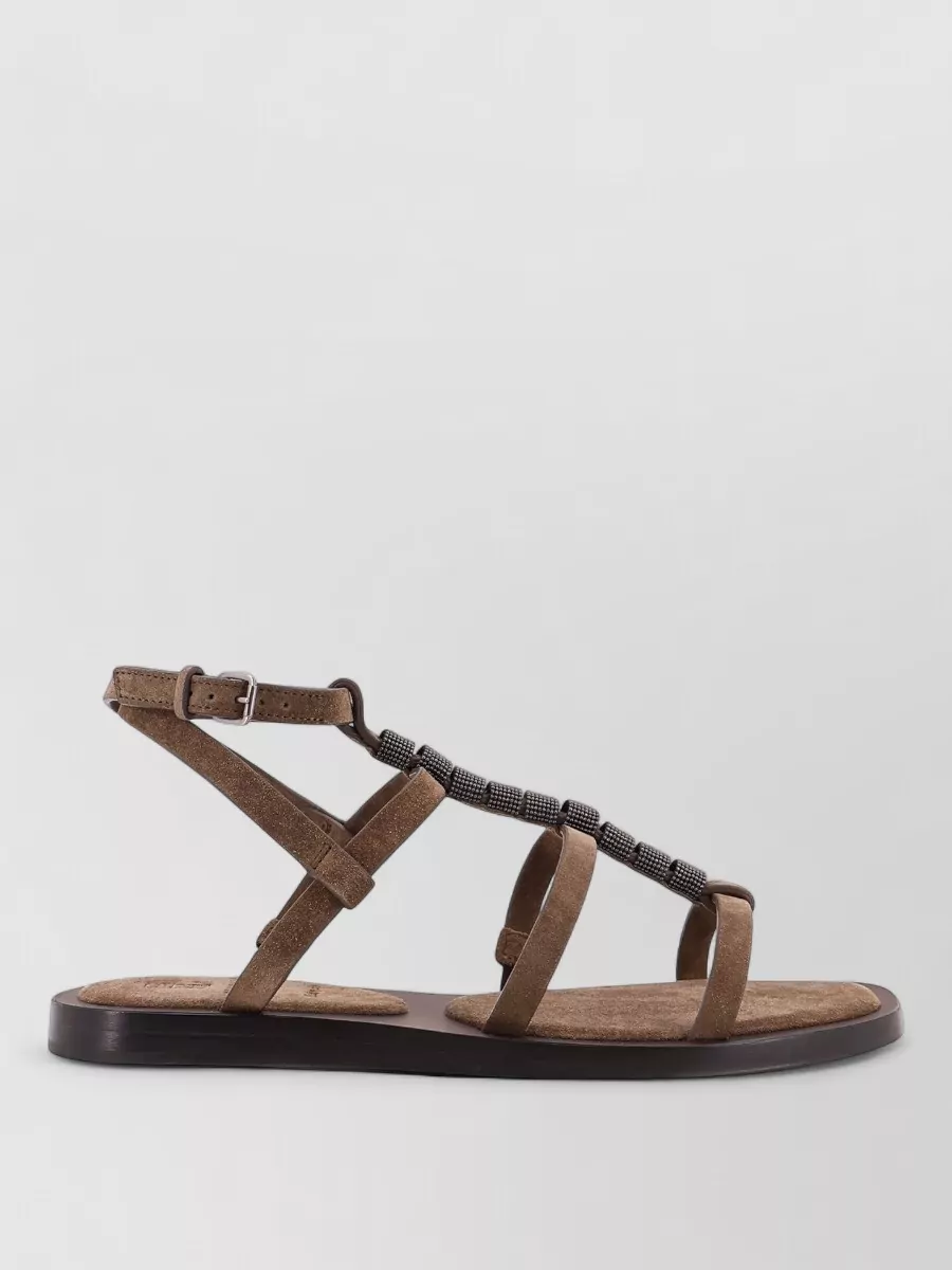 Brunello Cucinelli Suede Sandals Monili Beads Ankle Strap