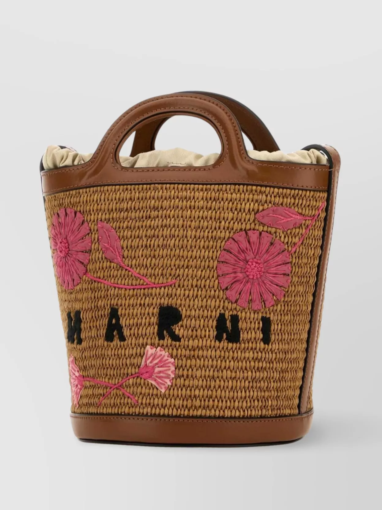 Marni Raffia And Leather Bucket Bag With Floral Embroidery