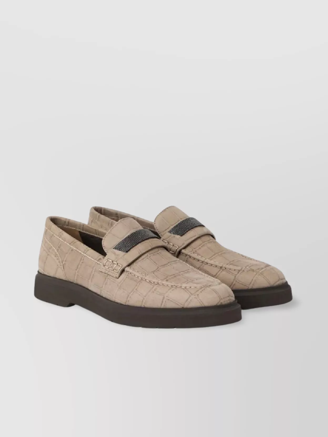 Brunello Cucinelli Crocodile Effect Round Toe Flat Sole Loafers