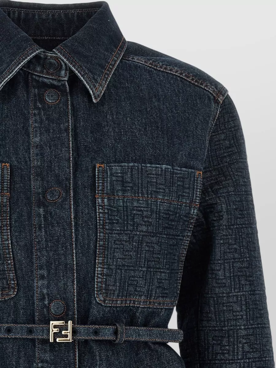 Fendi Ff Monogram Denim Jacket Belted Waist