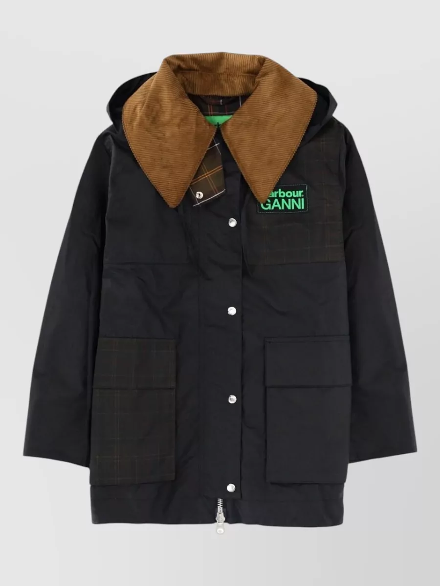 Barbour Ganni Hooded Coat Plaid Accents