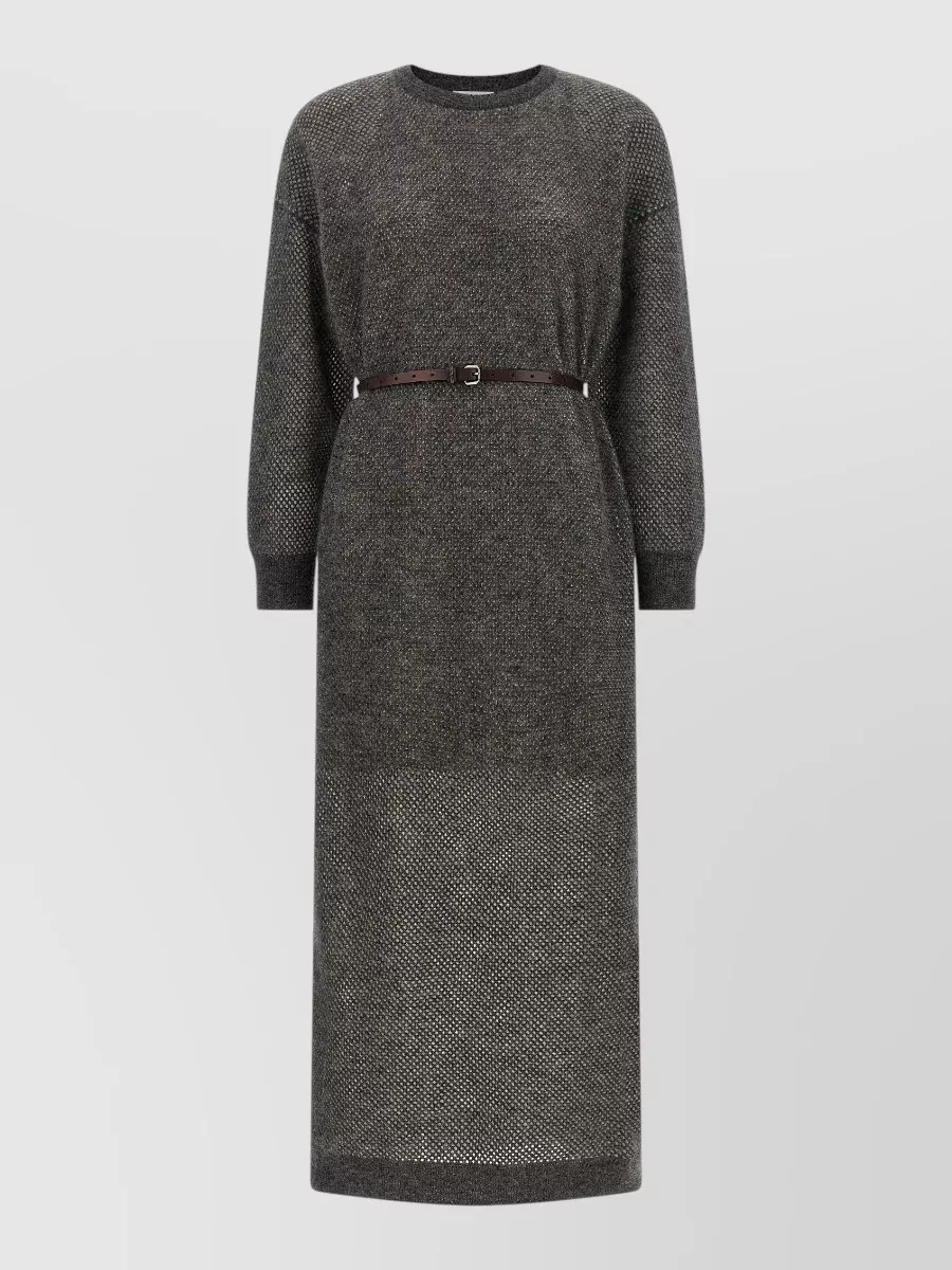 Brunello Cucinelli Sparkling lamé-knit midi dress — The Brunello Cucinelli charcoal belted knit maxi mirrors the trench’s deep charcoal tone and belted structure, creating a long, quiet-luxury column perfect under the tailored coat.