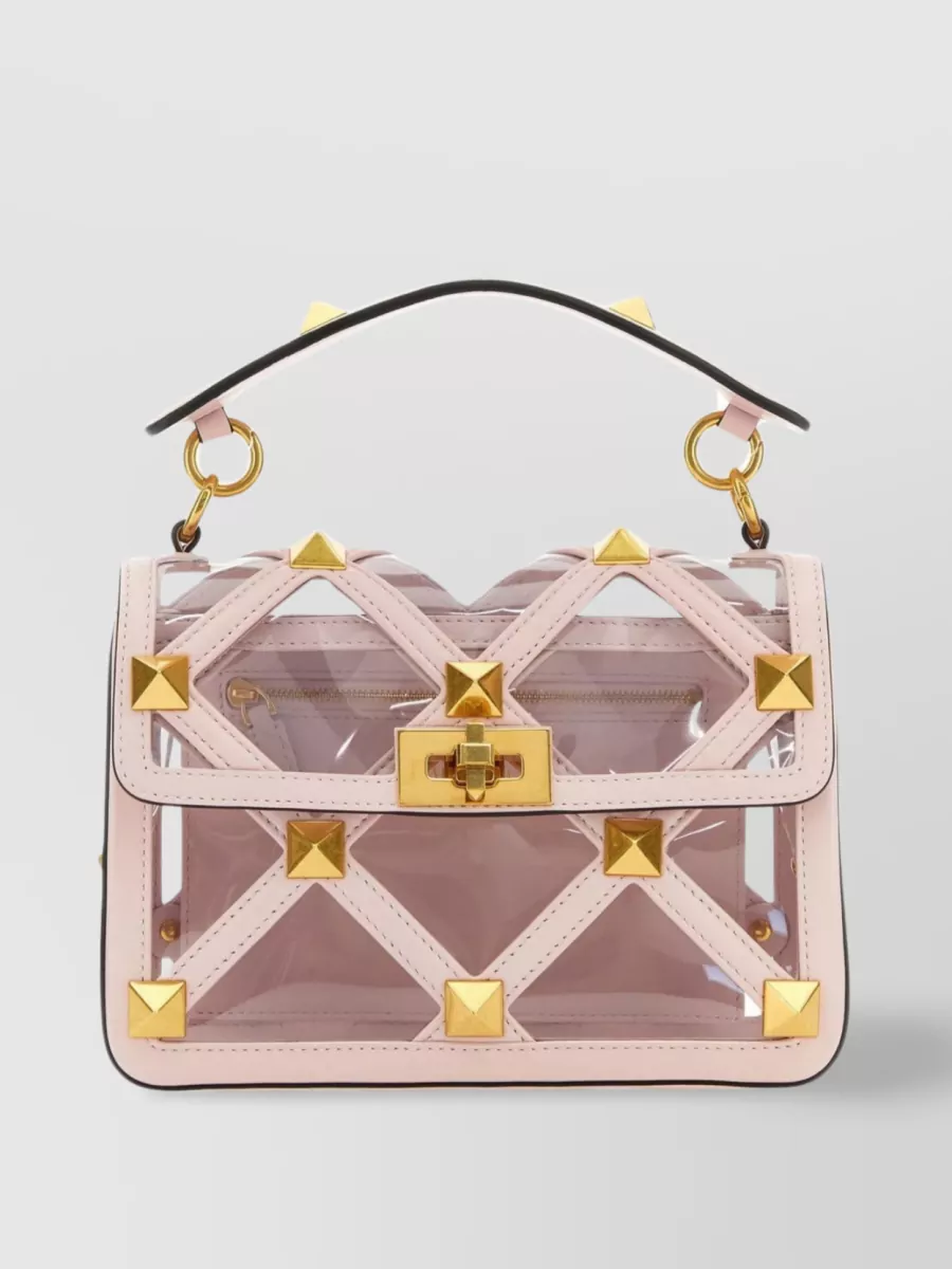 Shop Valentino Medium Roman Stud Handbag With Transparent Design In Pink