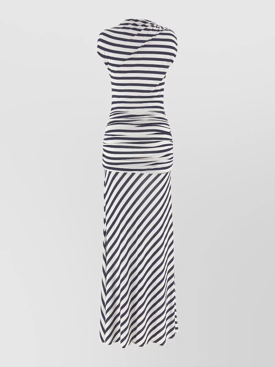 Self-Portrait Striped Draped Short-Sleeve High-Neck Maxi Dress