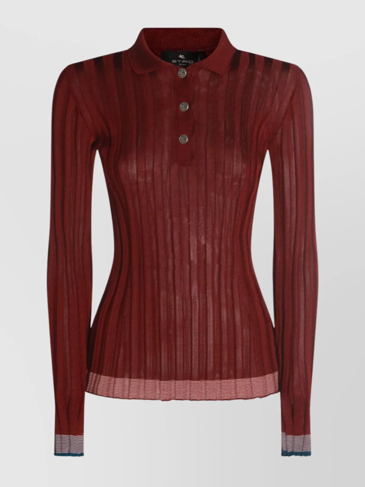 Etro Long Sleeve Polo With Collared Neck And Ribbed Texture In Brown