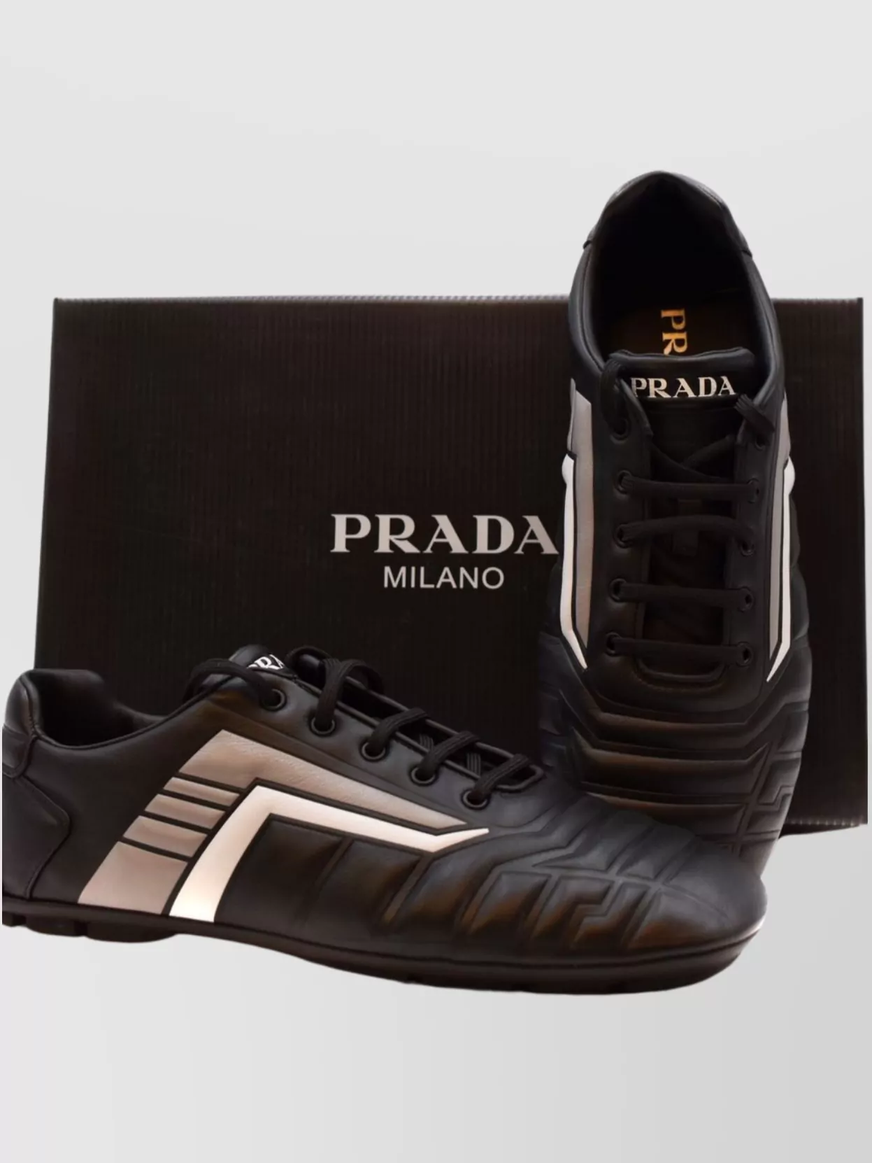 Prada Stylish Sneakers With Metallic Accents And Rubber Sole