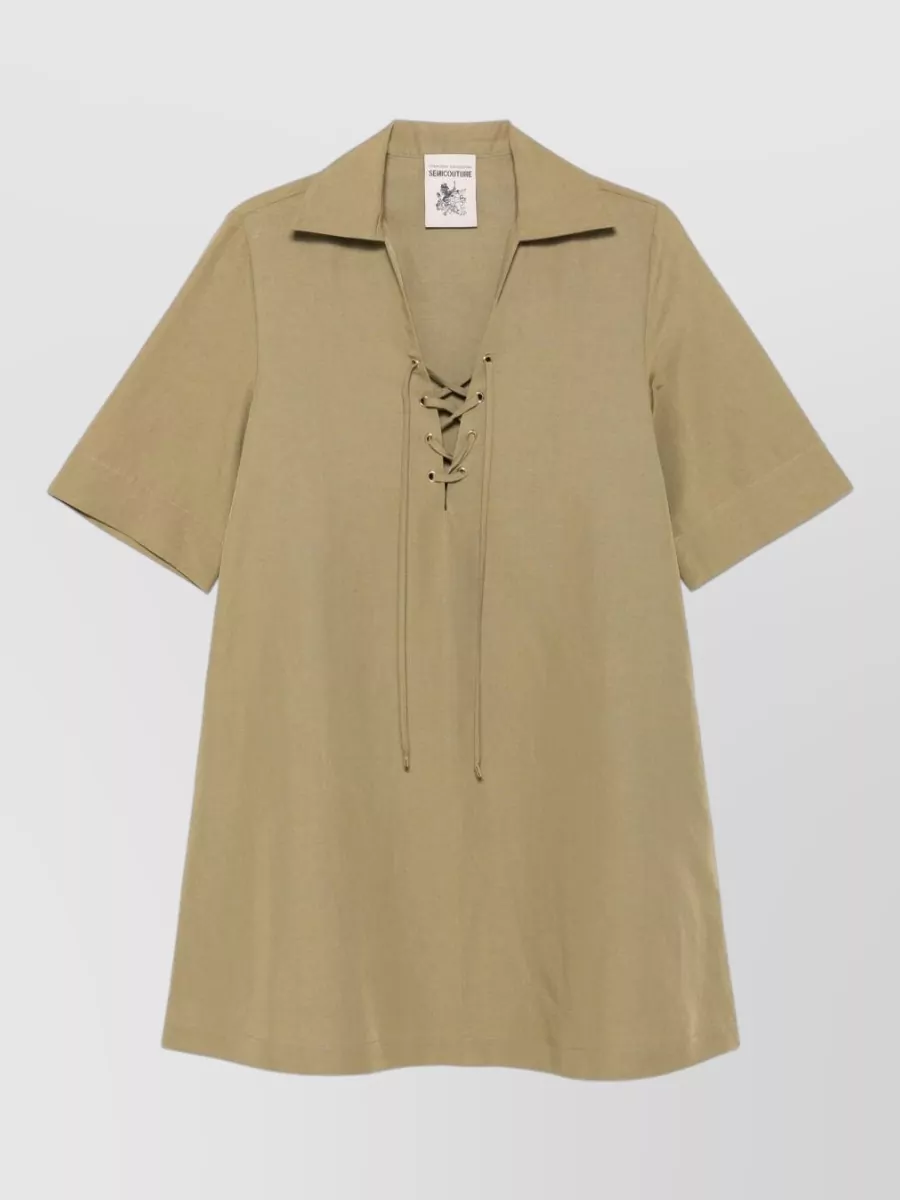 Semicouture Linen-Blend Short-Sleeve Mini Dress