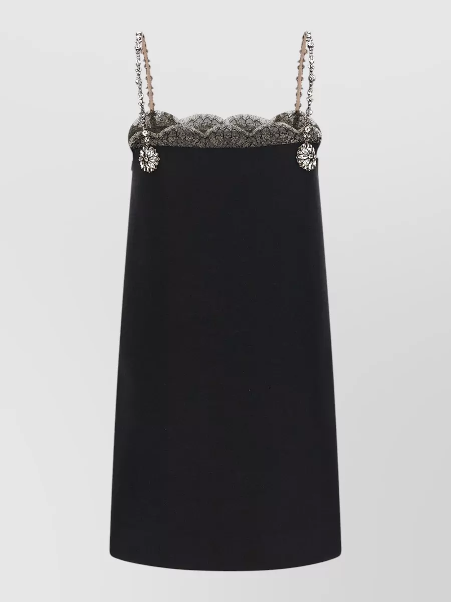 Valentino Garavani Silk Virgin Wool Lace Trim Crystal Embellished Mini Dress