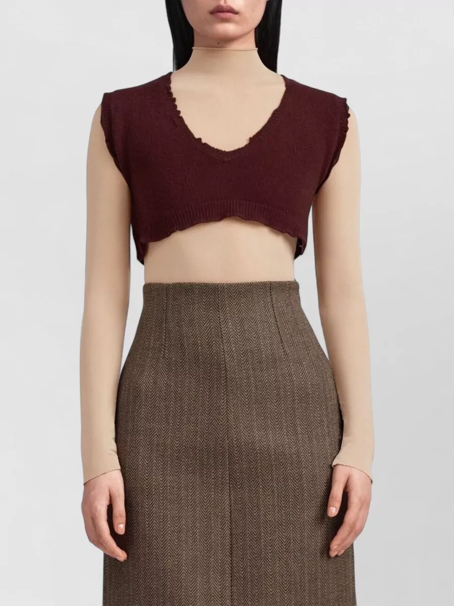 Maison Margiela Virgin Wool Distressed Cropped V-Neck Sleeveless Ribbed Knitted Top