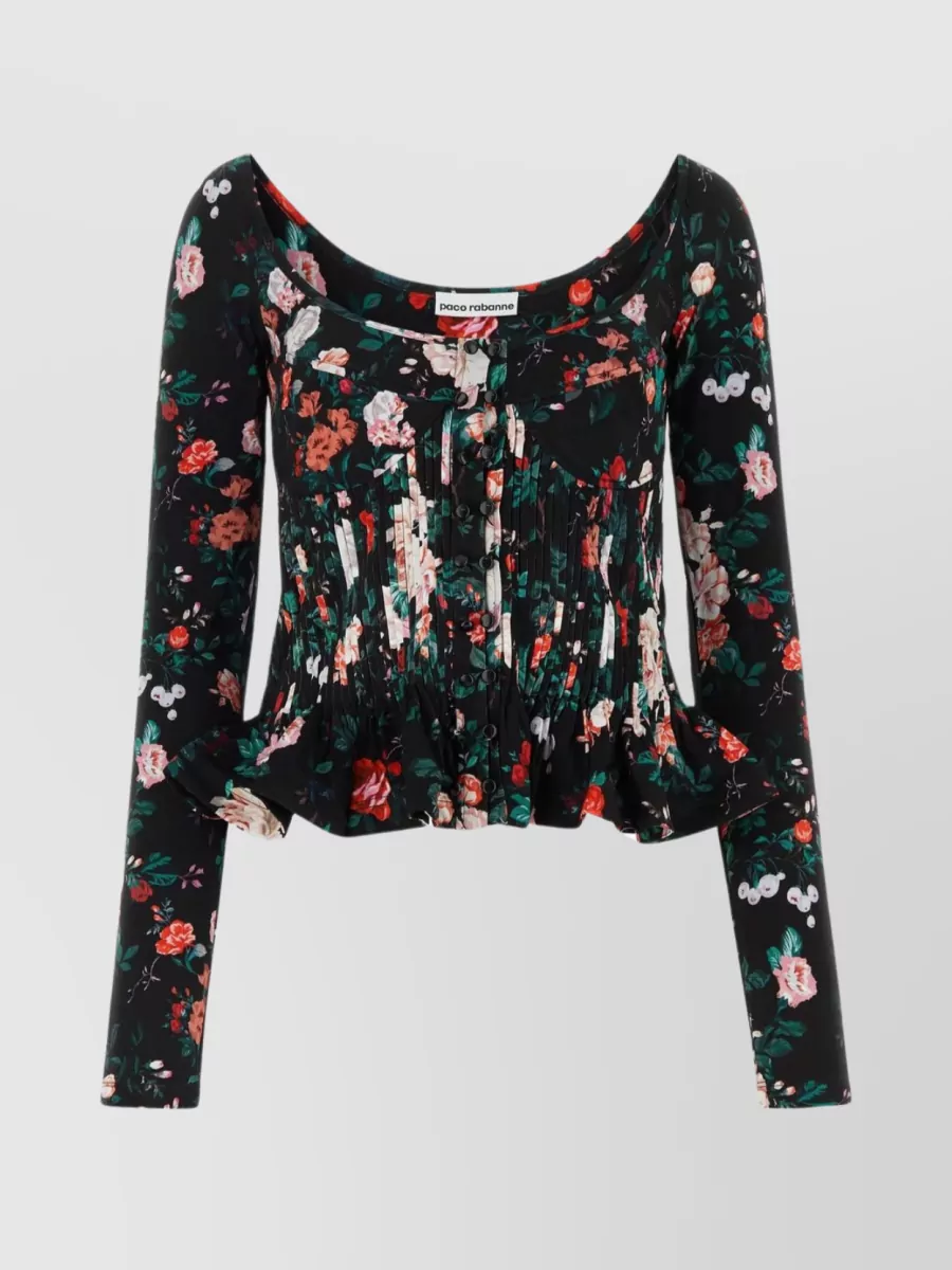 Shop Rabanne Floral Print Viscose Top With Pleated Design In Black