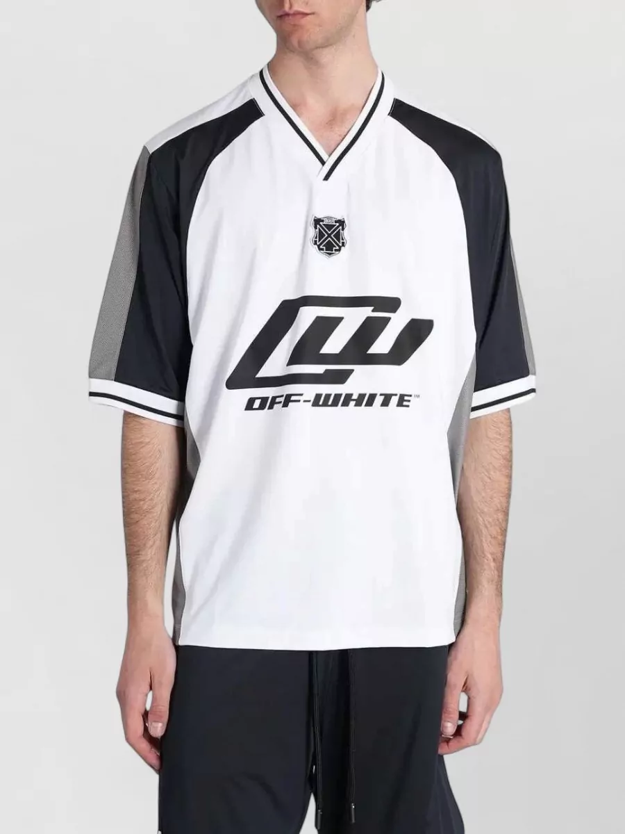 Off-White Logo Print V-Neck Short-Sleeve Mesh Panel T-Shirt