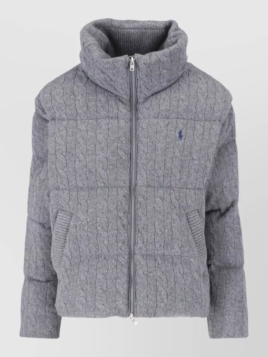 Polo Ralph Lauren Cable Knit Coat High Collar Pockets In Gray