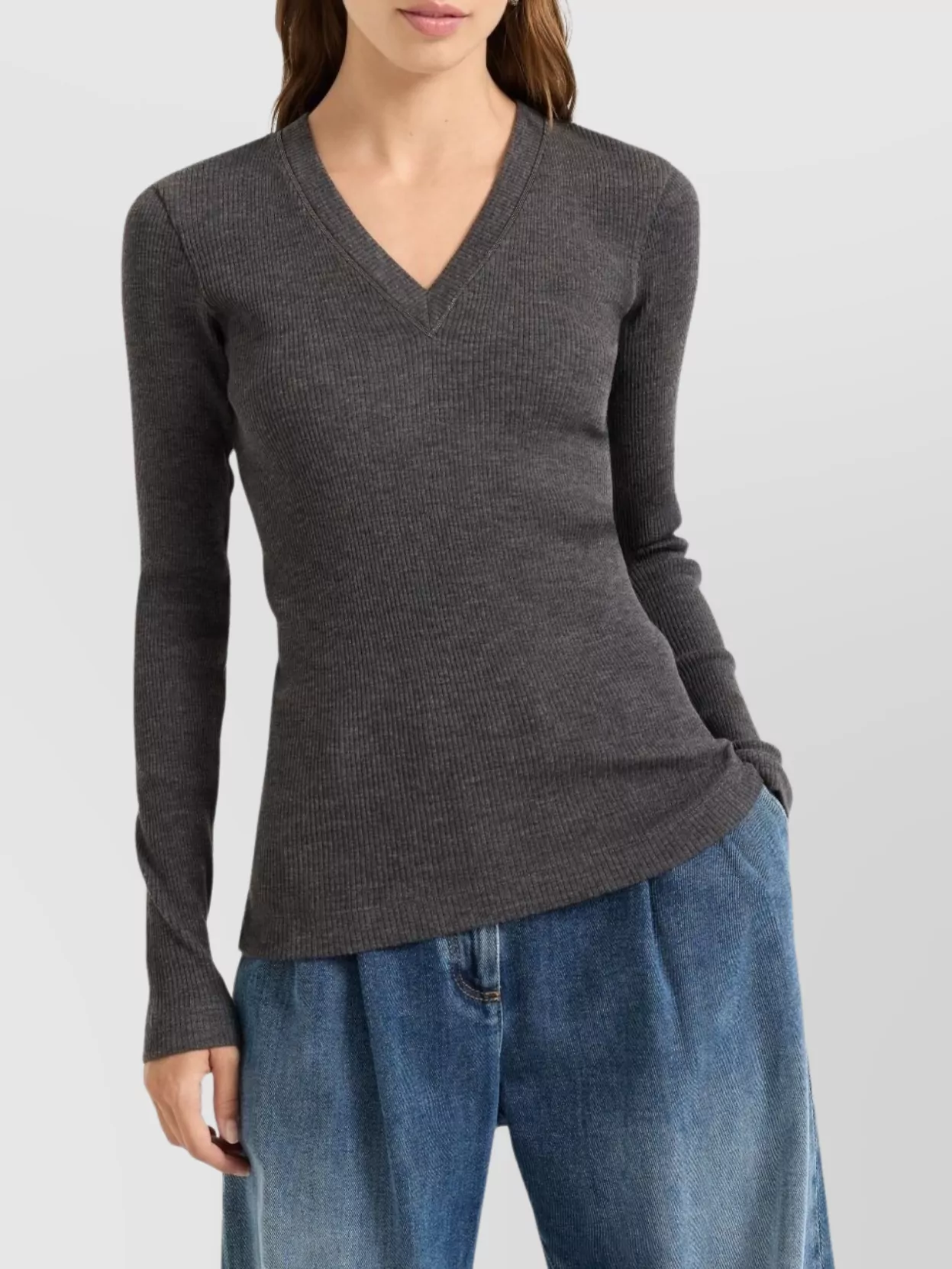 Brunello Cucinelli Fitted Long Sleeve Ribbed V Neck Top