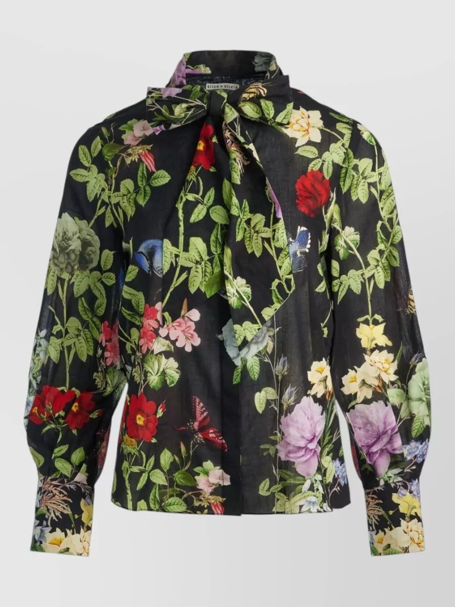 Alice + Olivia Floral-Print Pussy-Bow Cotton Blouse