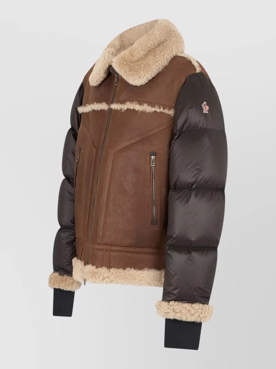 Moncler Grenoble Leather Shearling-Trimmed Quilted Down Jacket