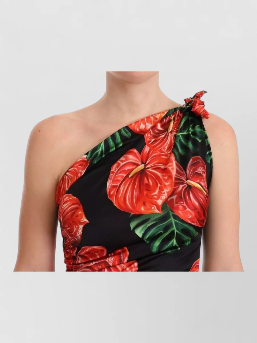 Dolce&Gabbana Silk Floral-Print Draped One-Shoulder Midi Dress
