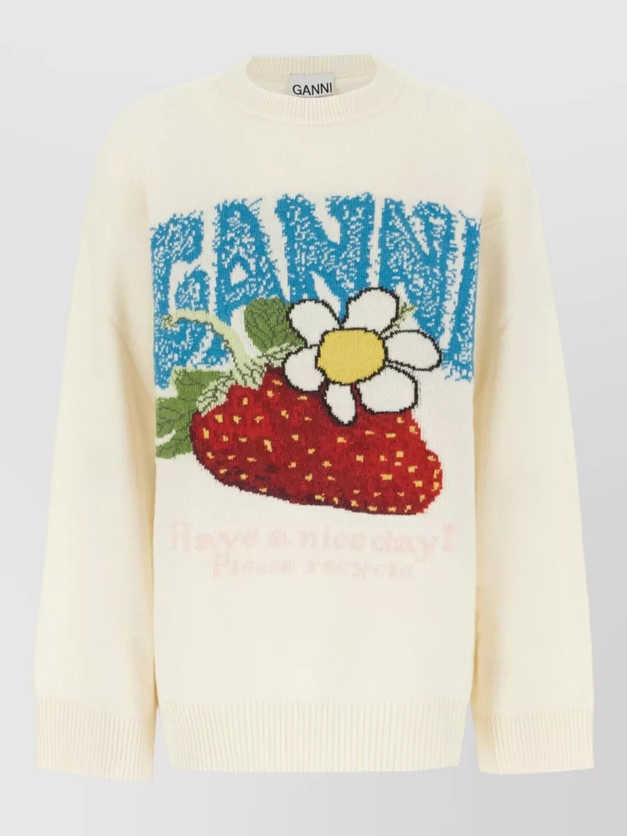Ganni Wool-blend strawberry-print oversized sweater
