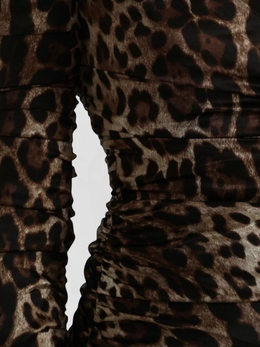 Dolce&Gabbana Silk Leopard-Print V-Neck Long-Sleeve Midi Dress