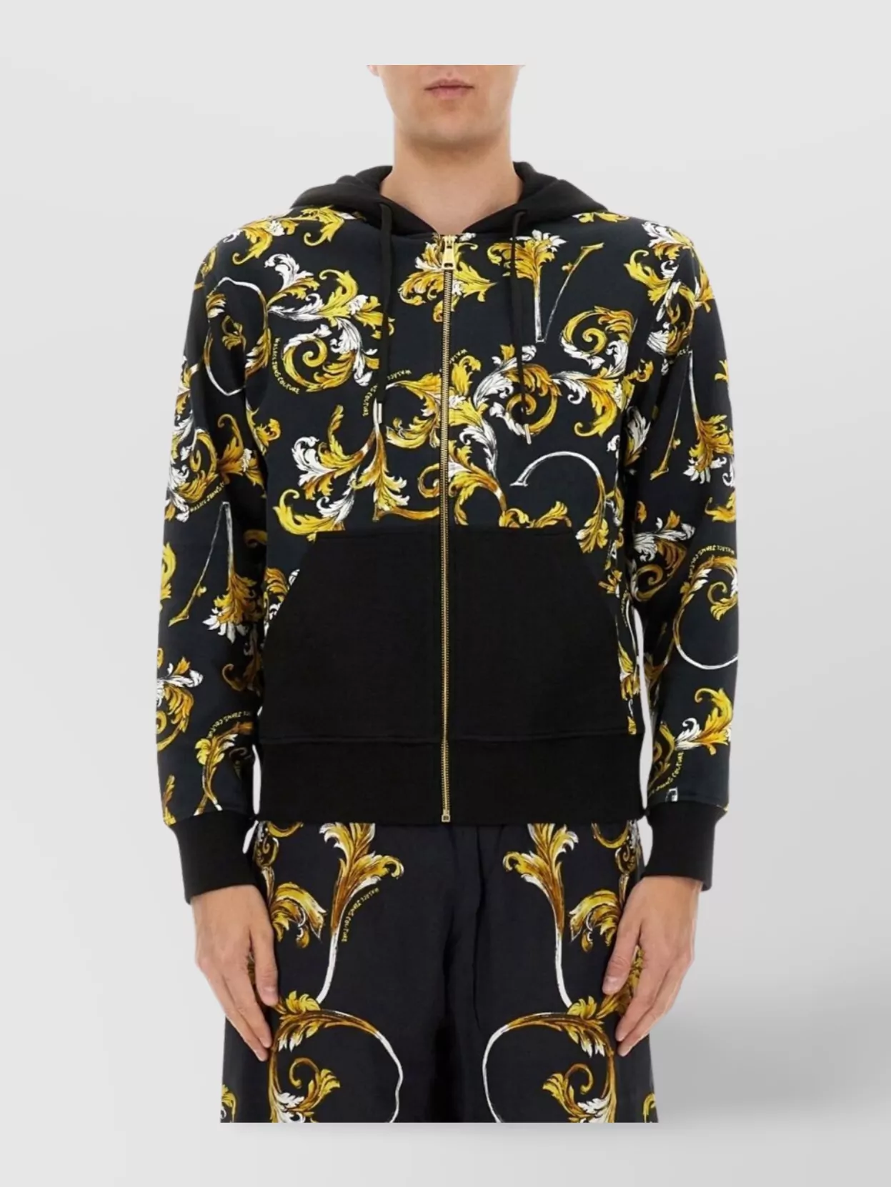 Shop Versace Jeans Couture Printed Hoodie With Front Pockets And Ribbed Trims