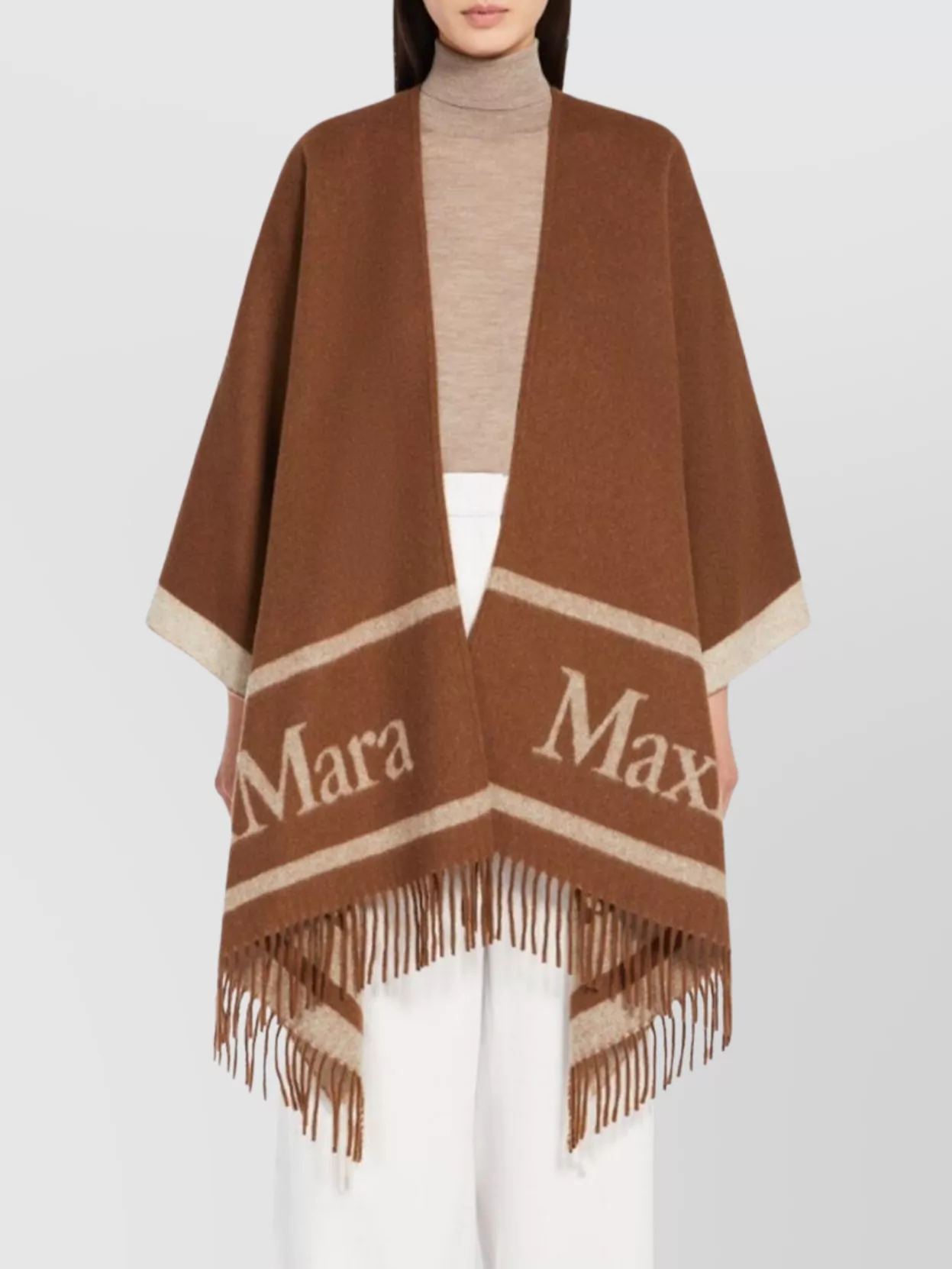 Max Mara Wool Jacquard Fringe Lettering Poncho