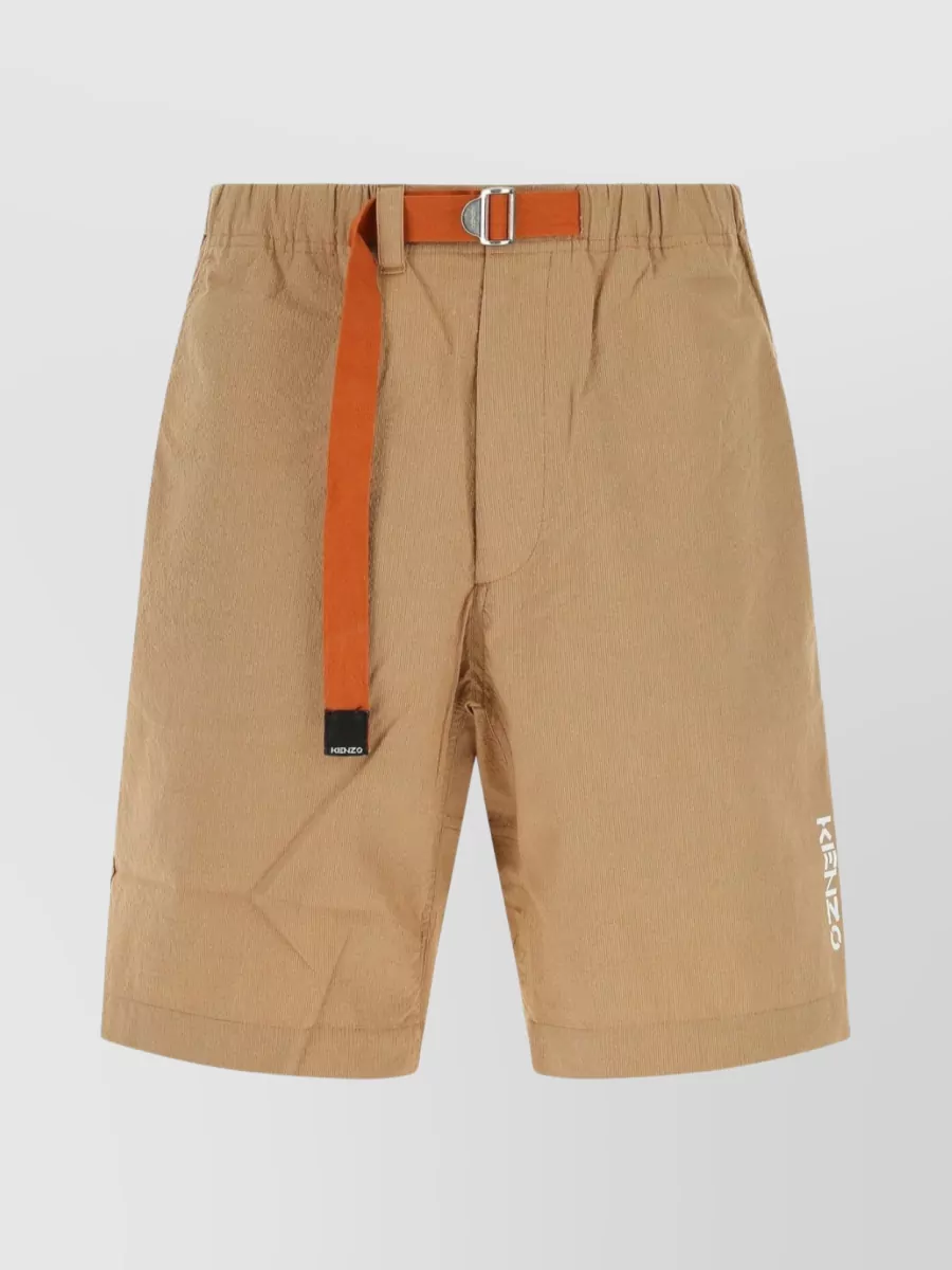 Shop Kenzo Adjustable Waistband Cotton Bermuda Shorts In Beige