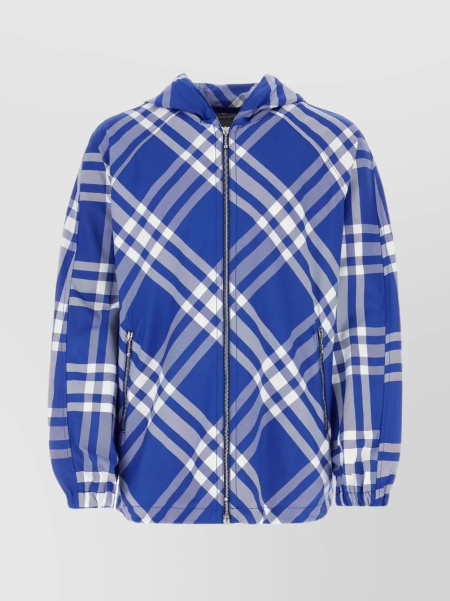 Shop Burberry Check Pattern Embroidered Nylon Jacket In Blue