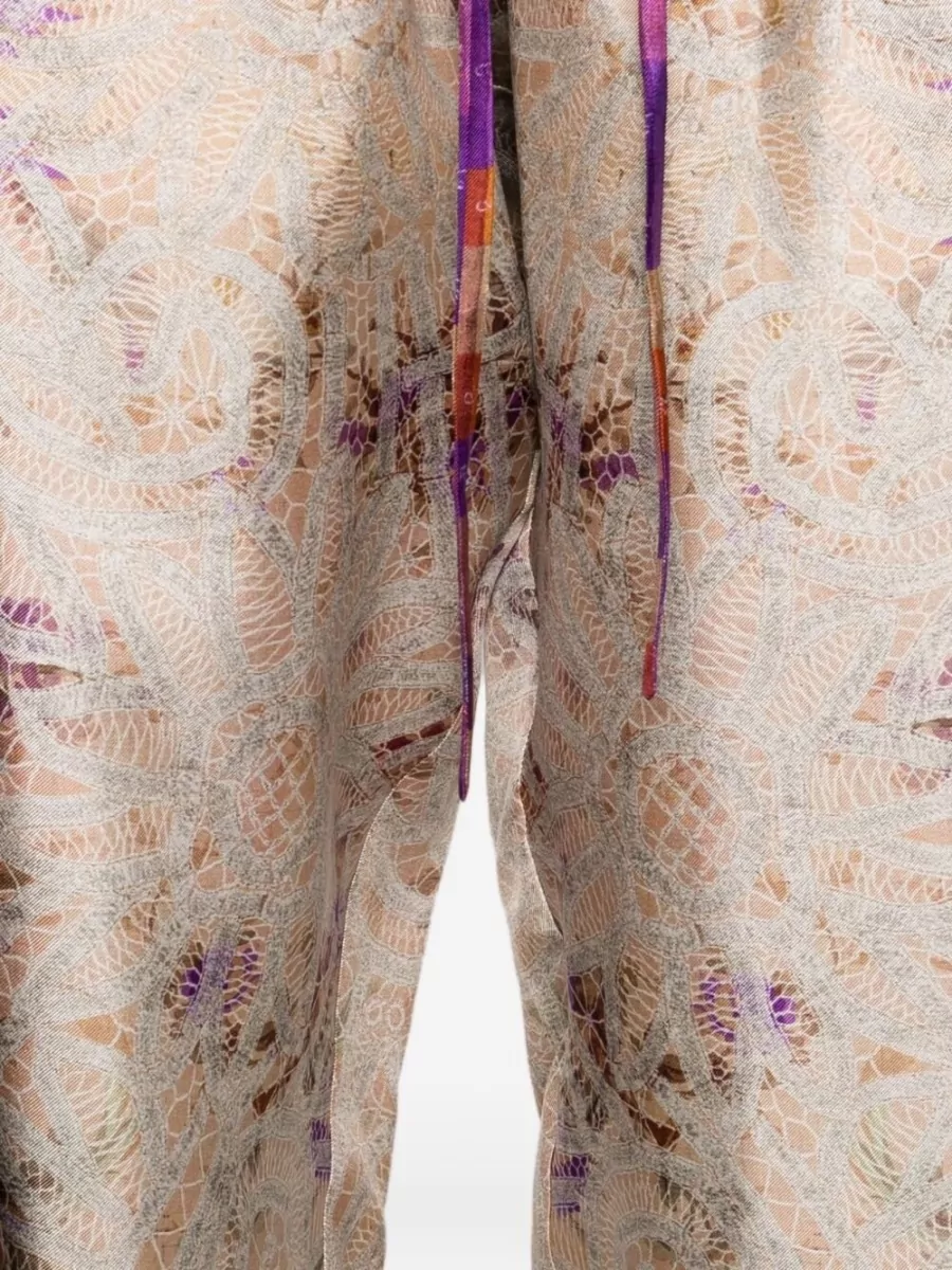 Pierre Louise Mascia Silk Trousers Cropped Floral Pattern Stripe