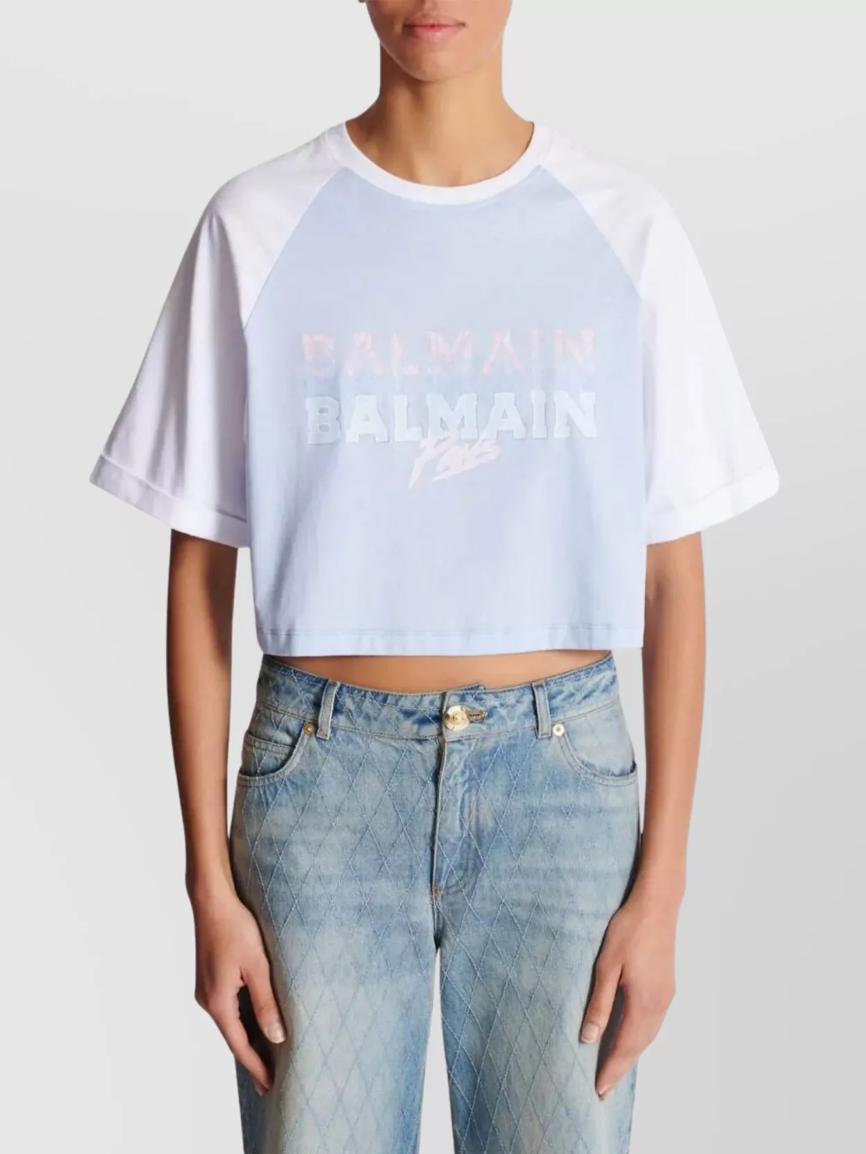 Balmain Paris Print Crew Neck Cropped T-Shirt