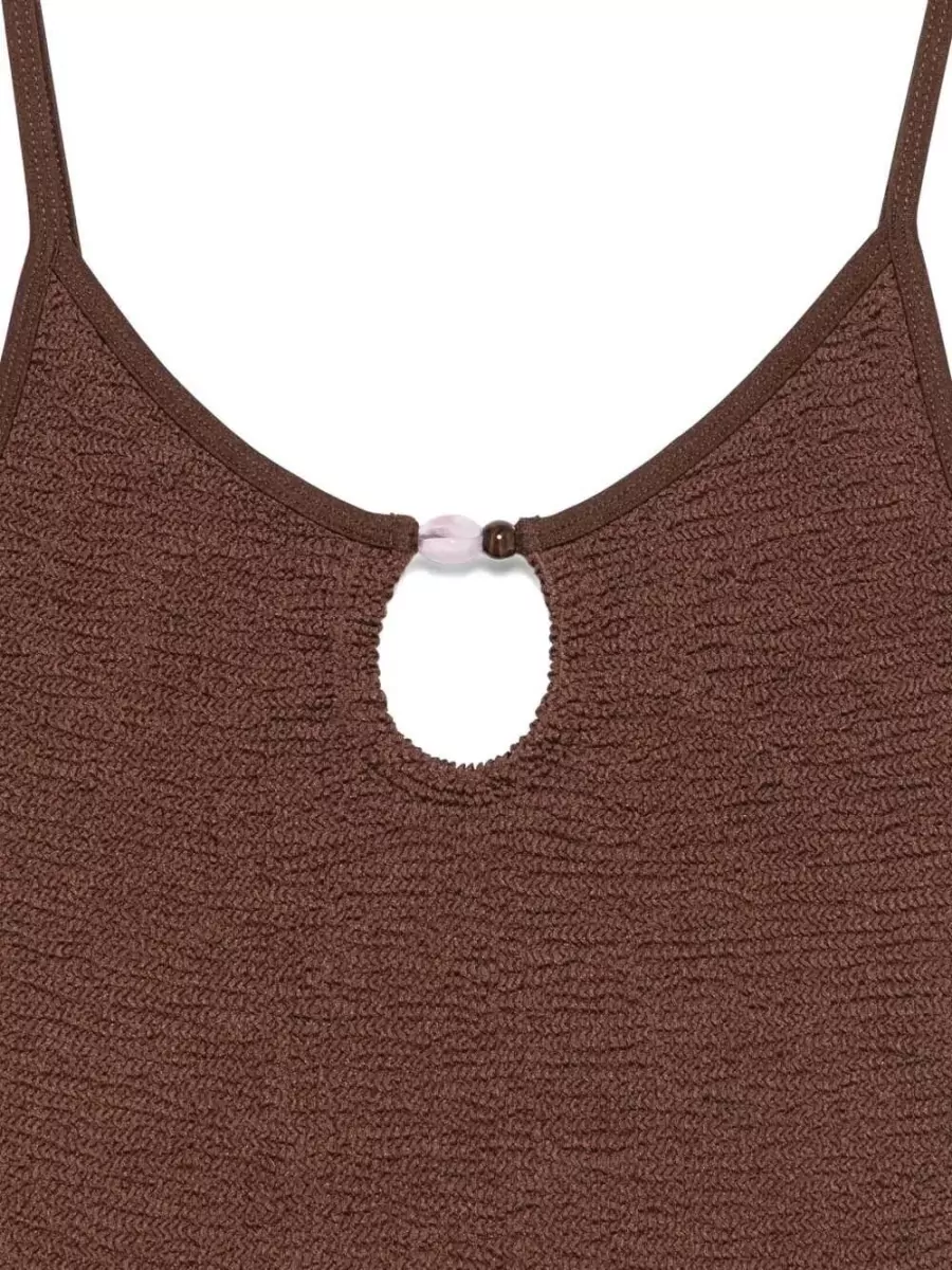 Hunza G Crinkled Metallic Beaded Cutout V-Neck Swimsuit