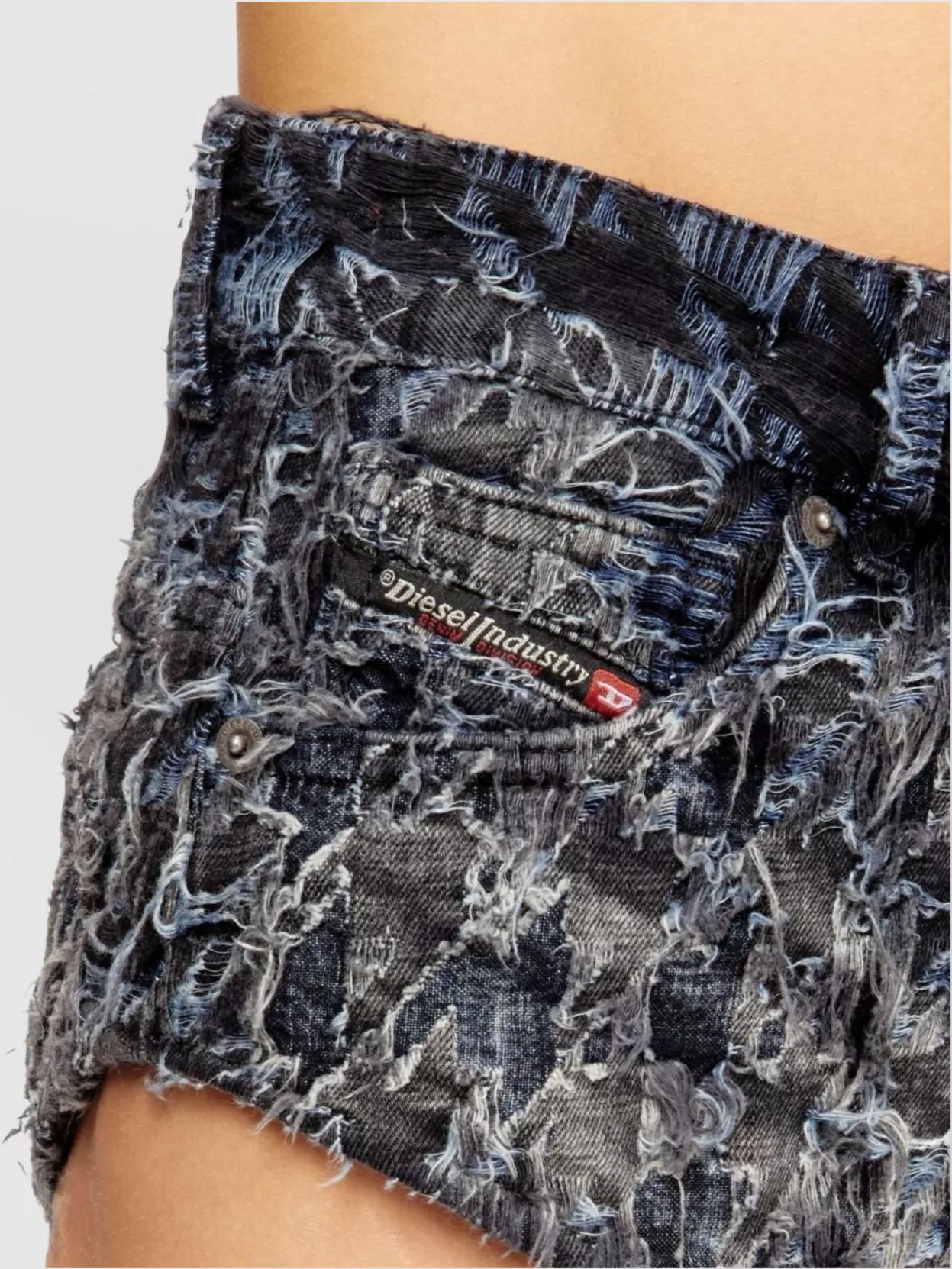 Diesel High-waisted Distressed Denim Shorts Houndstooth In Multi