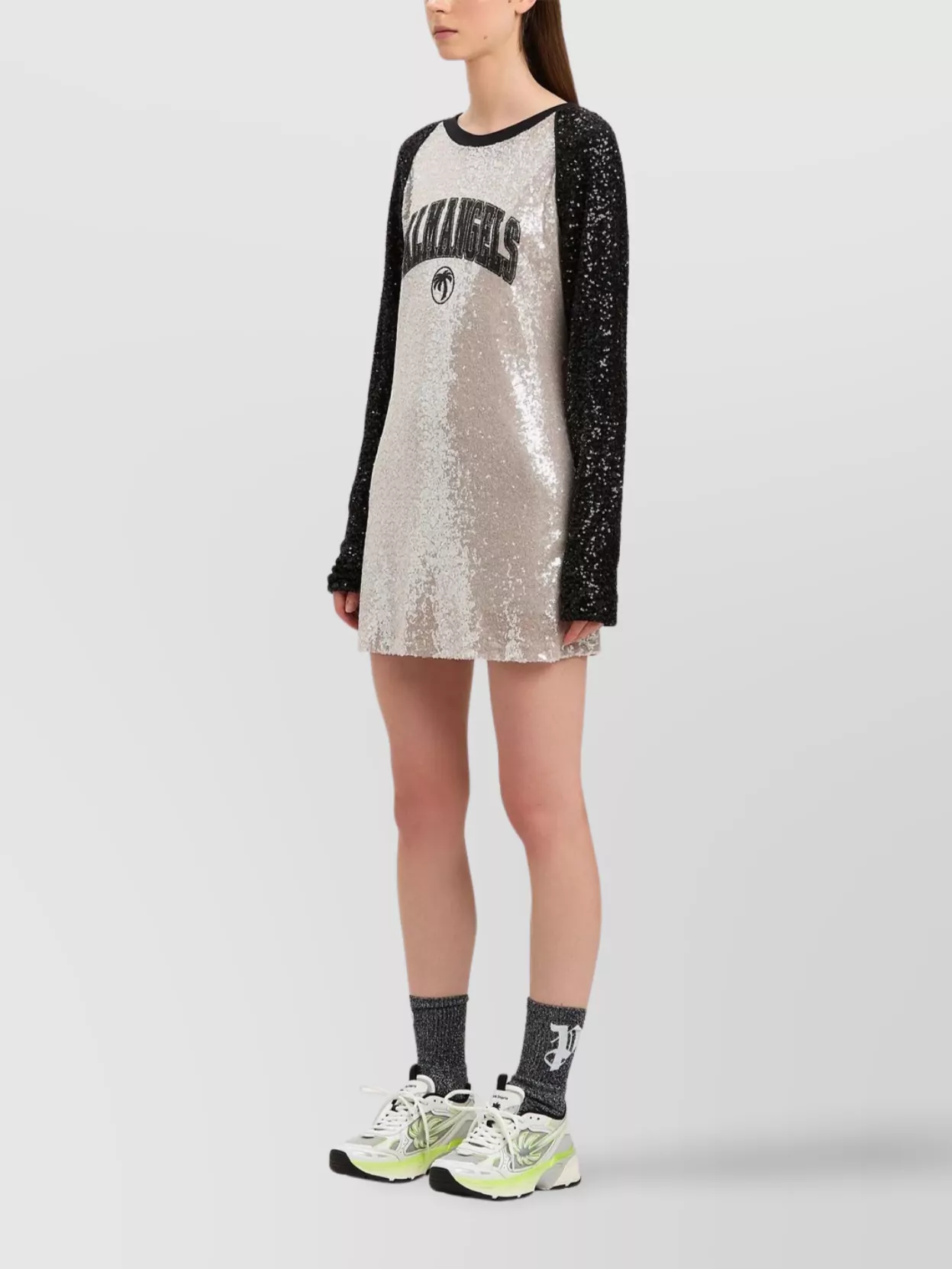 Palm Angels Mini Dress Sequin Design Crew Neck