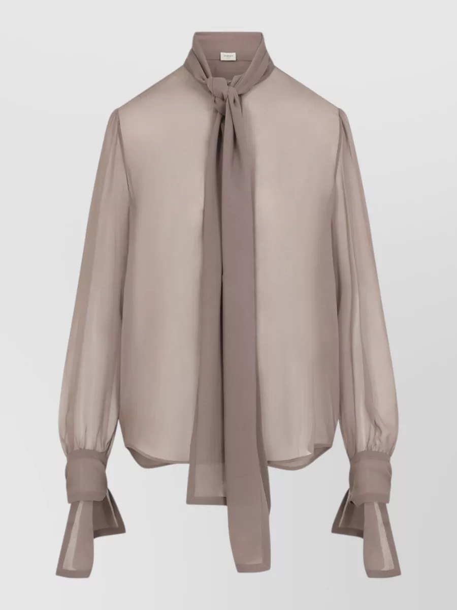 Saint Laurent Silk Semi-Sheer Long-Sleeve Tie-Neck Blouse