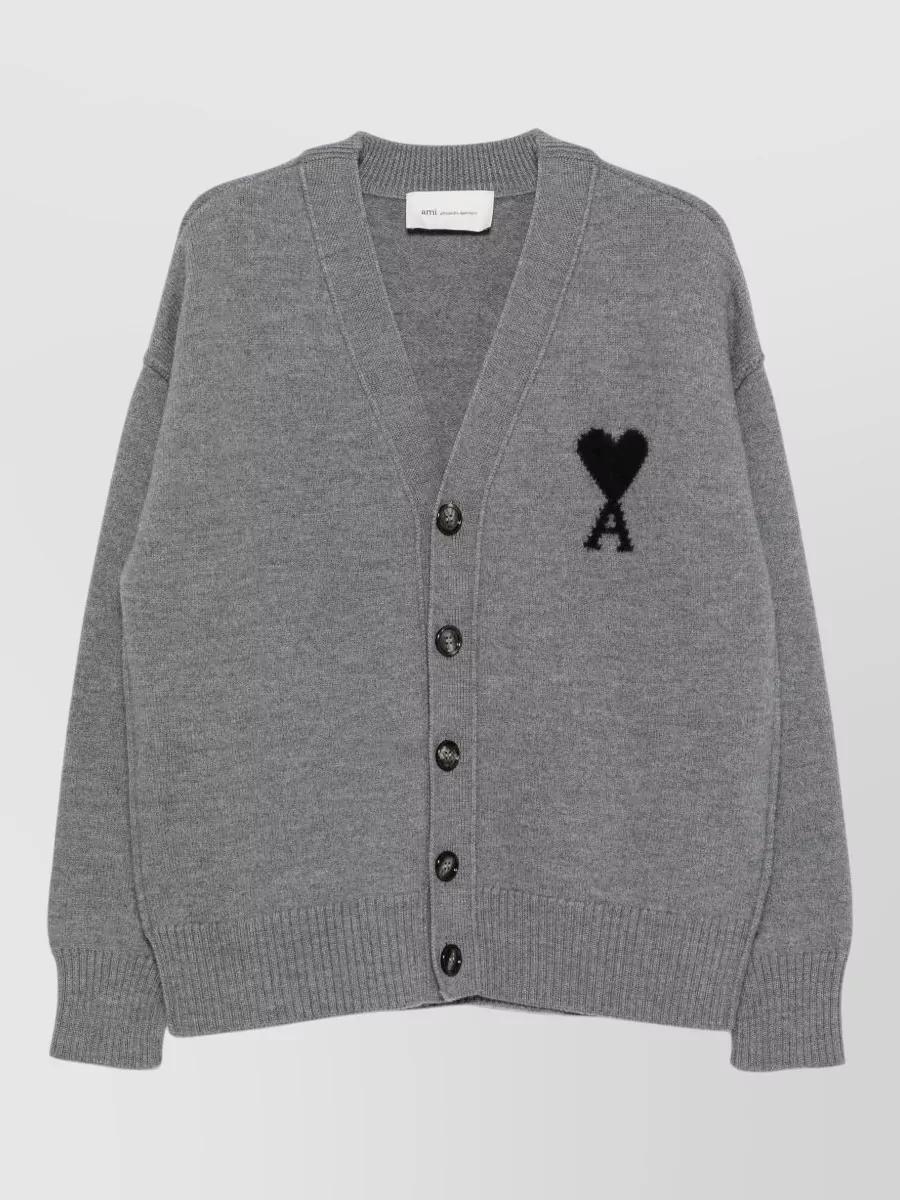 Ami Paris wool intarsia-knit crew-neck long-sleeve cardigan