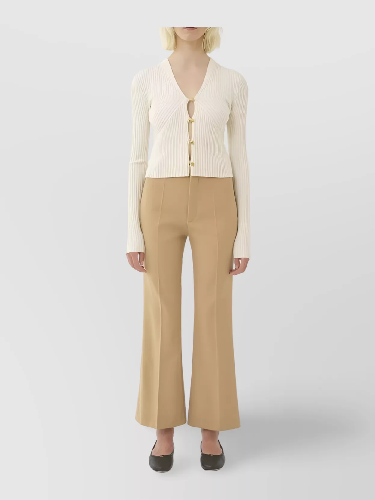 Chloé Cropped Sleeves V-Neck Ribbed Cardigan
