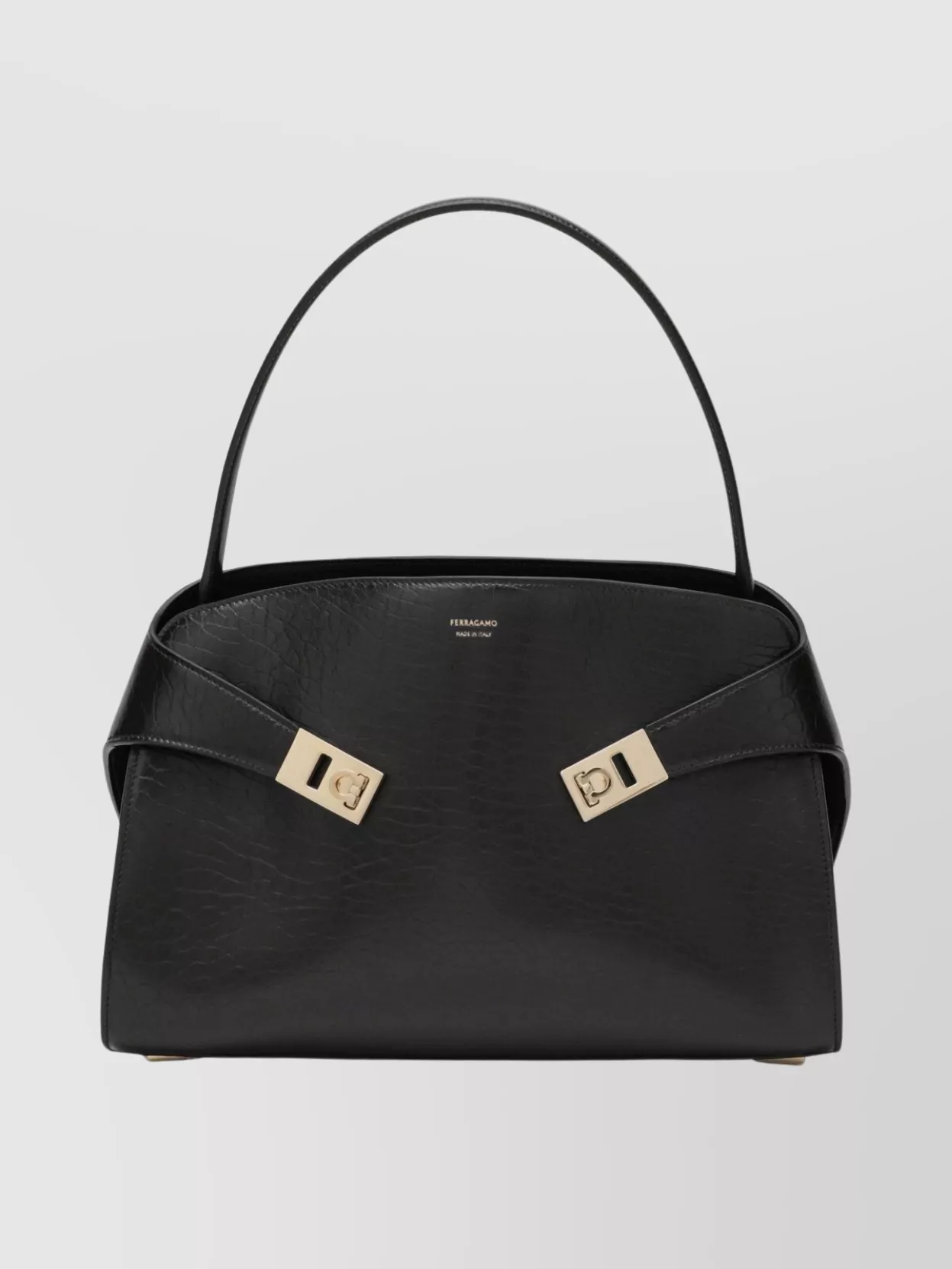 Ferragamo Leather Hug M Handbag With Metal Accents In Black