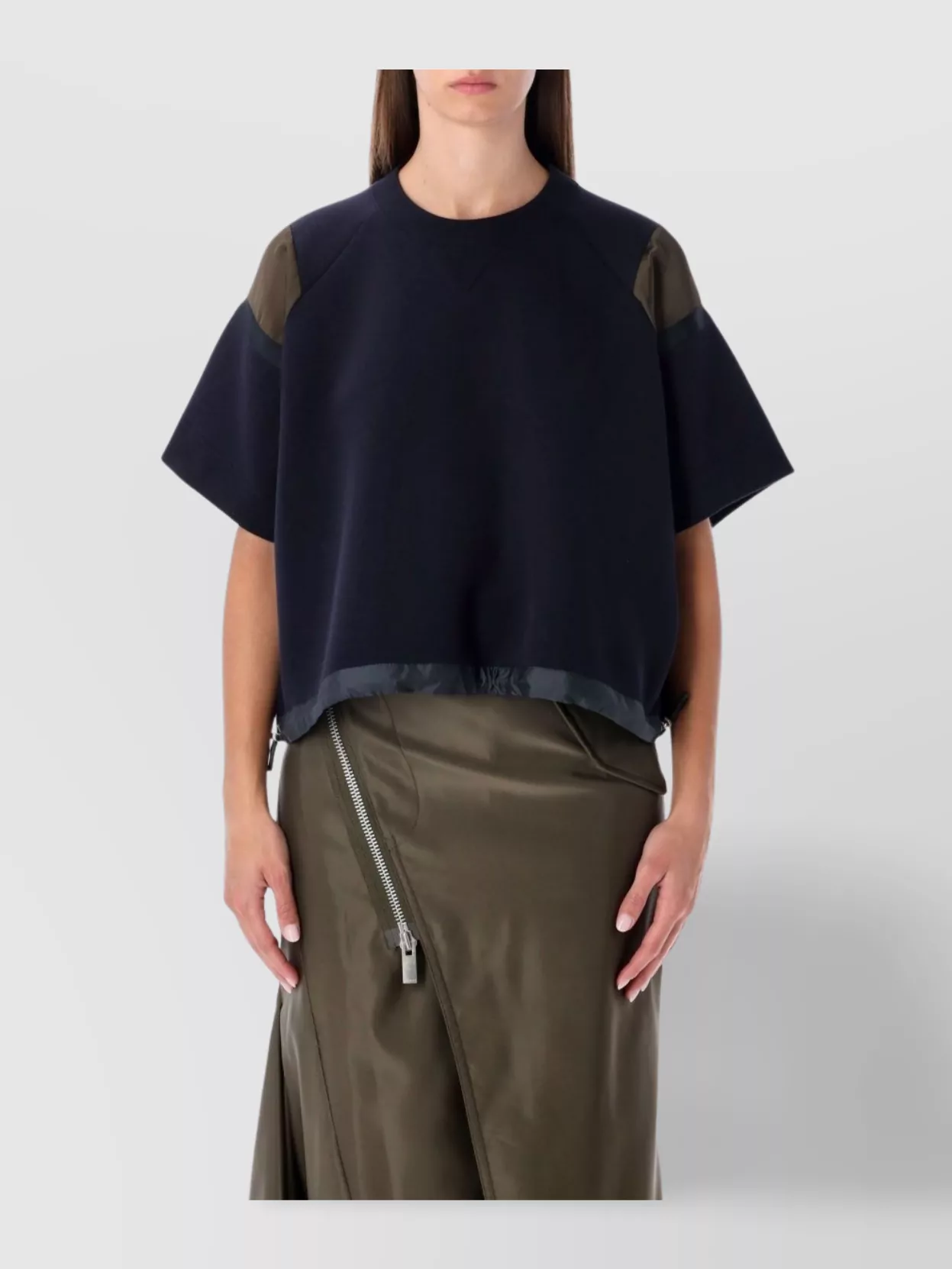 Sacai Oversized Technical Cotton T-shirt With Adjustable Drawstring Hem In Blue