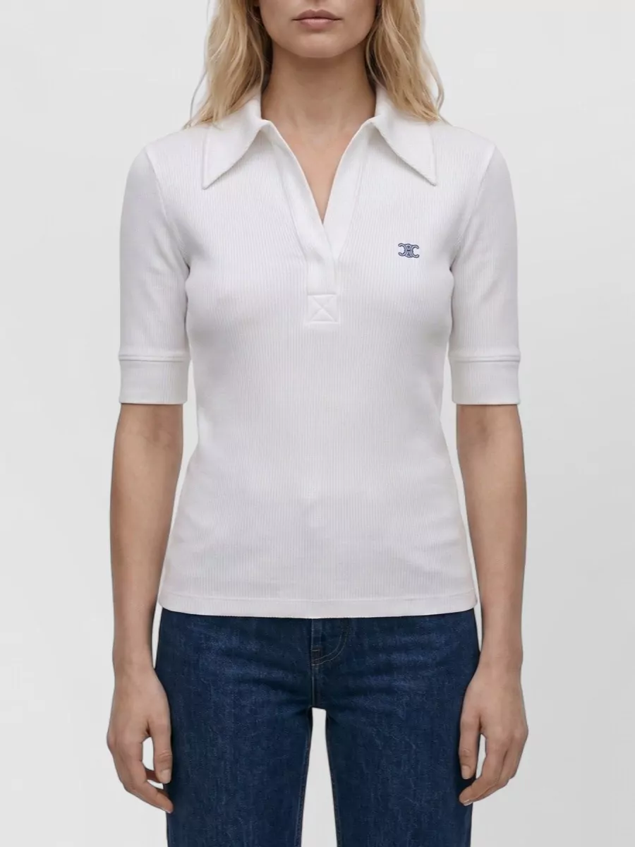 Celine silk ribbed short-sleeve polo top