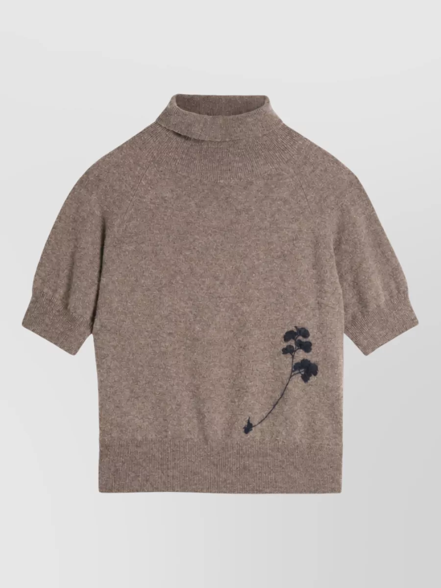 Zanone cashmere wool embroidered floral short-sleeve turtleneck top