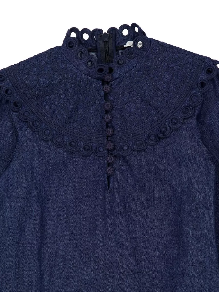 Zimmermann Denim Broderie High-Neck Mini Dress
