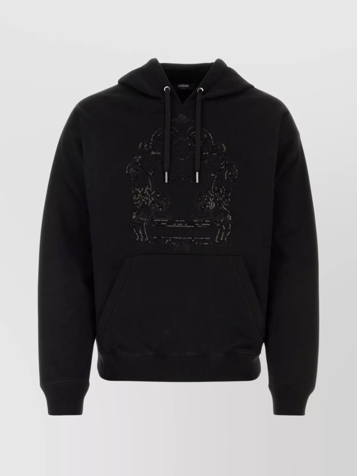 Shop Versace Hooded Cotton Sweatshirt With Drawstring And Embellishments In Black