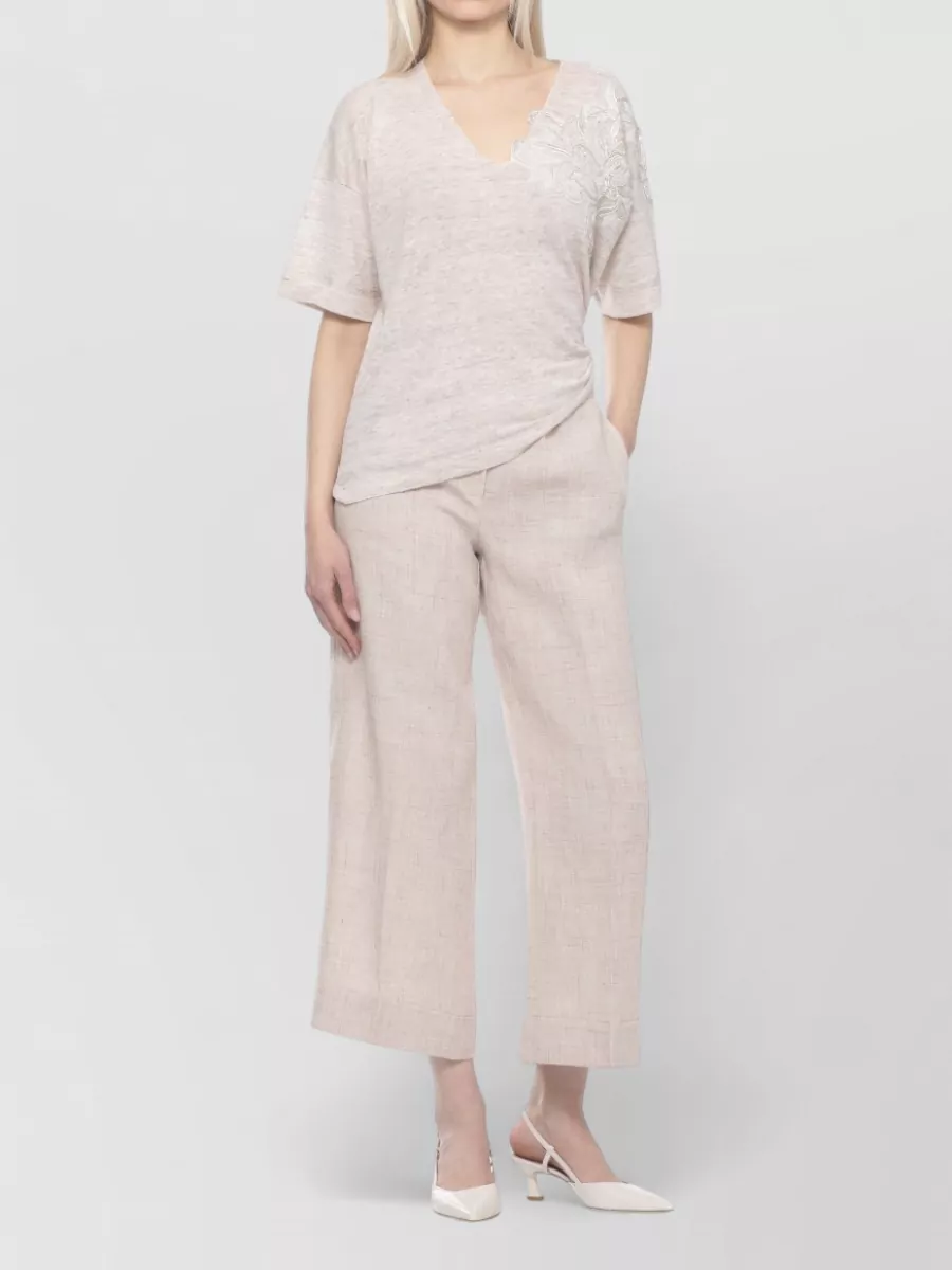 D.exterior Linen Cotton V-Neck Short-Sleeve Top