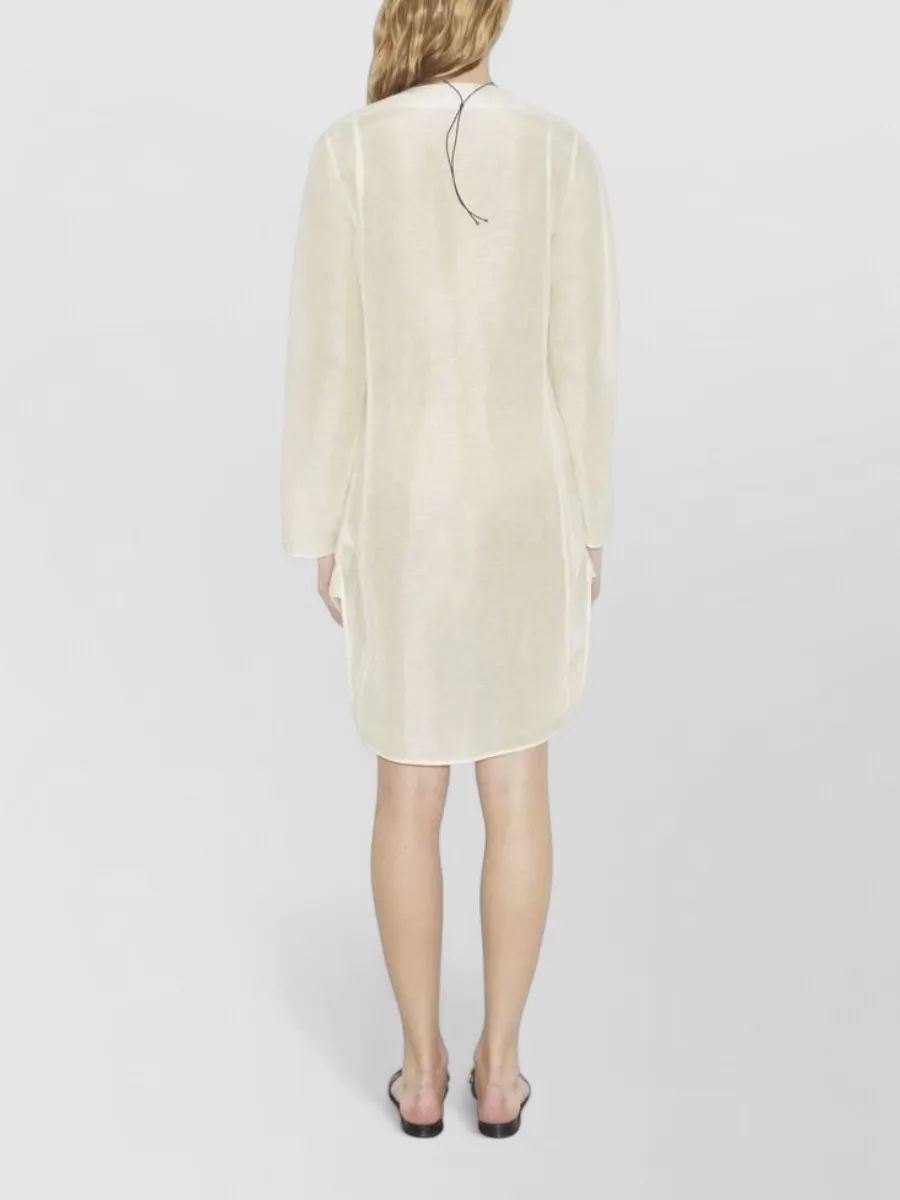 Tory Burch Linen Silk Pleated Long-Sleeve Round-Neck High-Low Knee-Length Dress