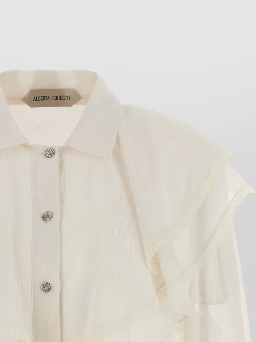 Alberta Ferretti Silk Shirt Collared Neck Lace Trim Sheer